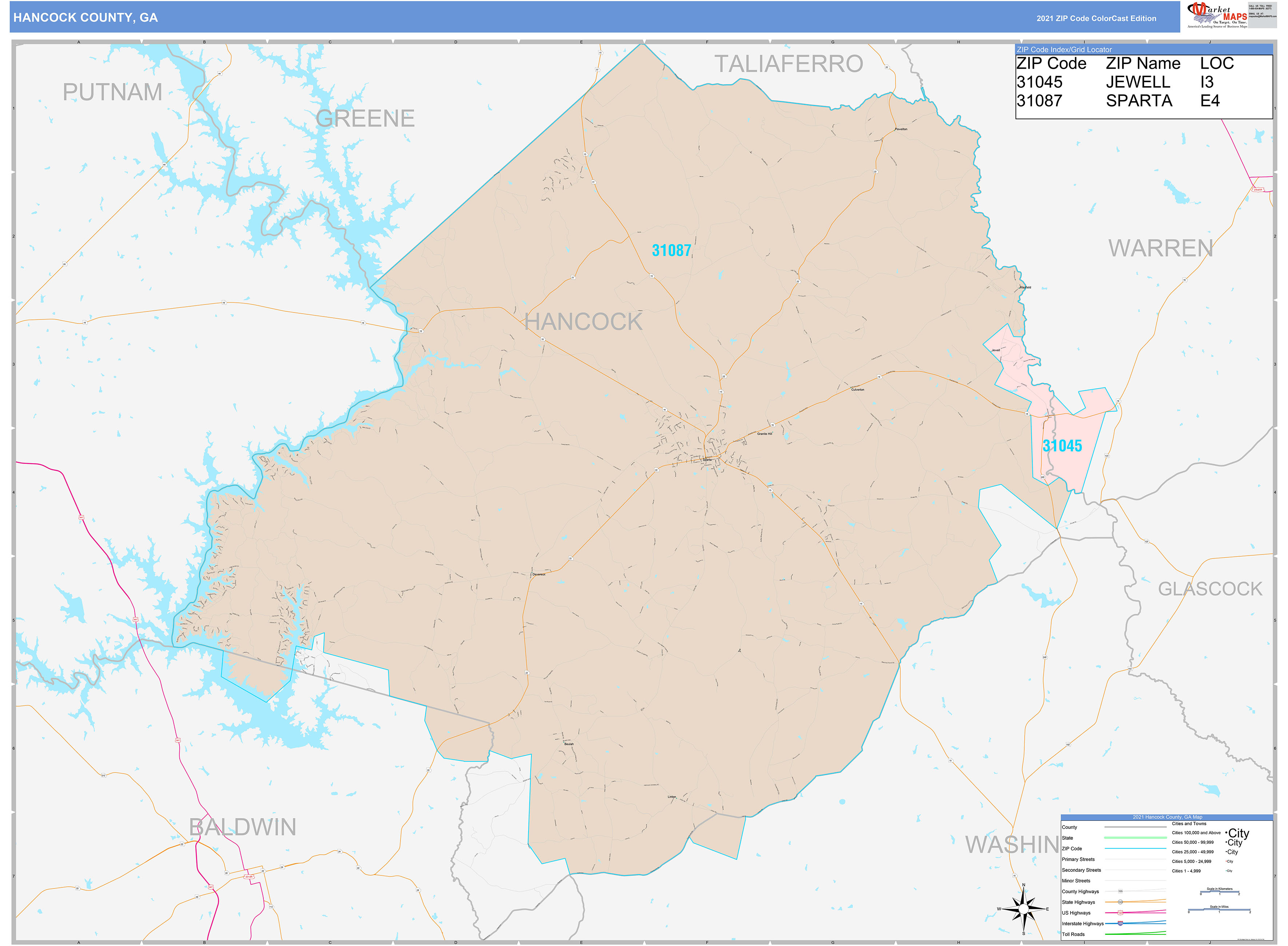 Hancock County, GA Wall Map Color Cast Style By MarketMAPS