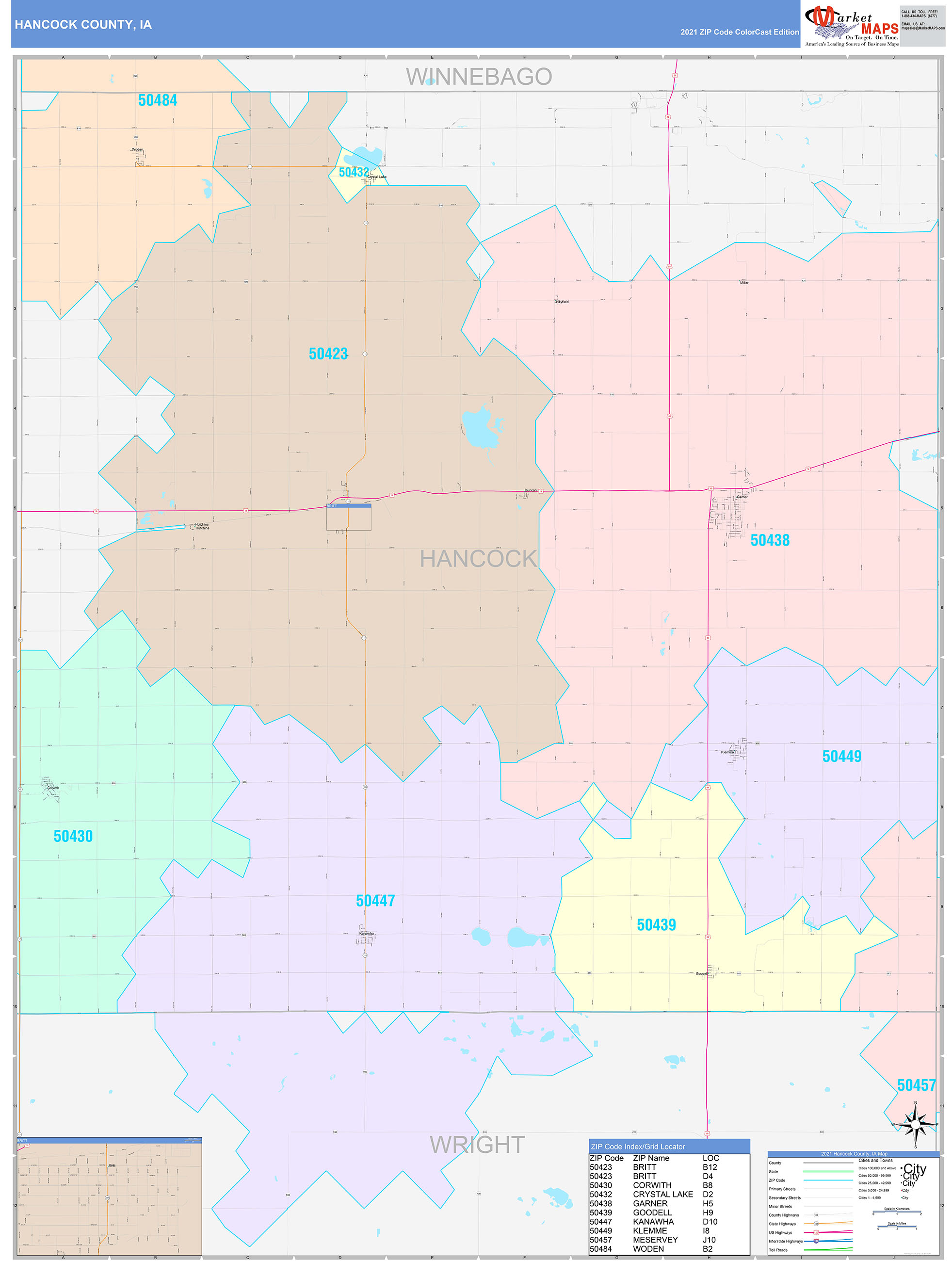 Hancock County, IA Wall Map Color Cast Style by MarketMAPS - MapSales.com