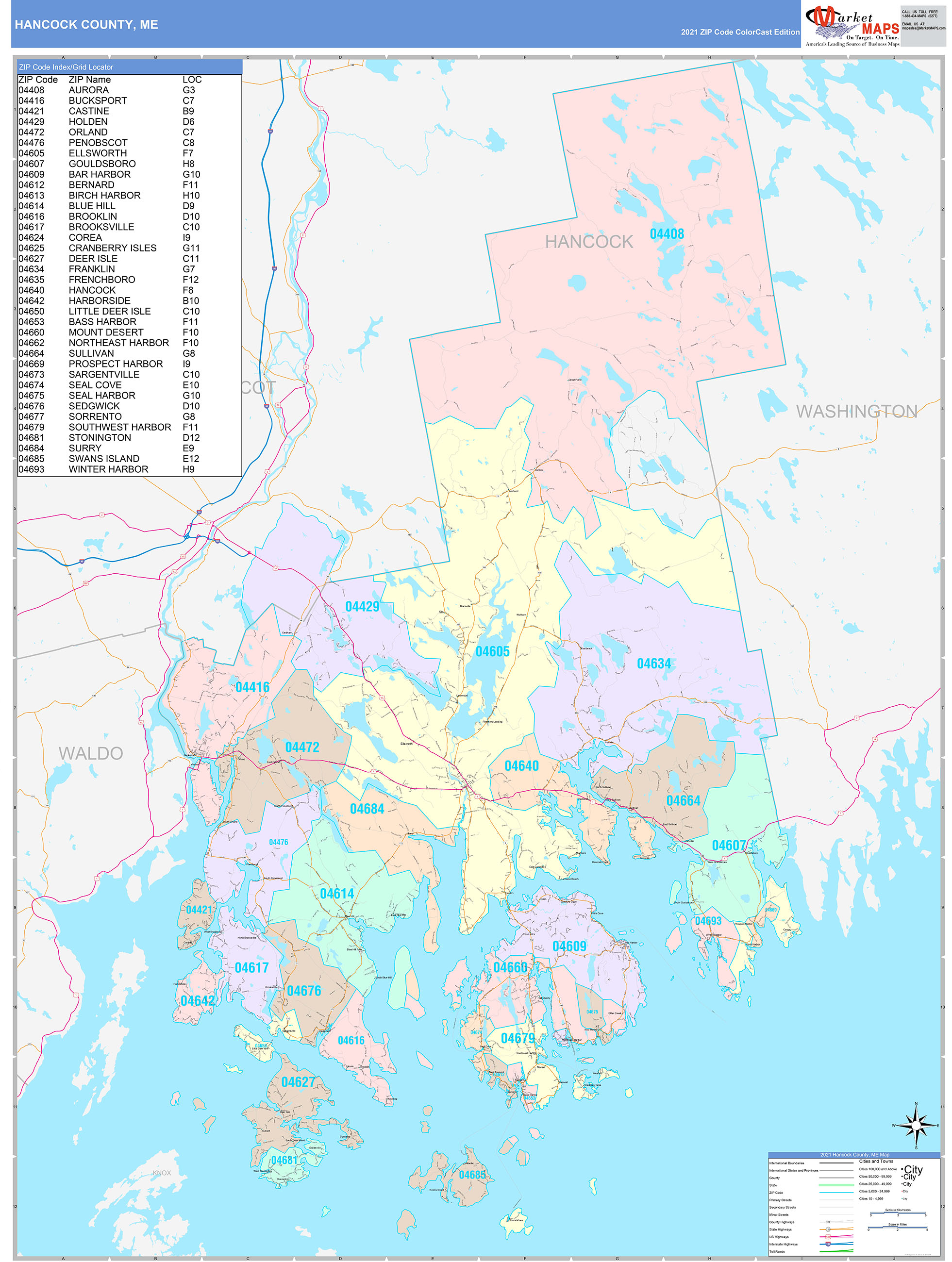 Hancock County ME Wall Map Color Cast Style By MarketMAPS MapSales Com   Hancock ME 