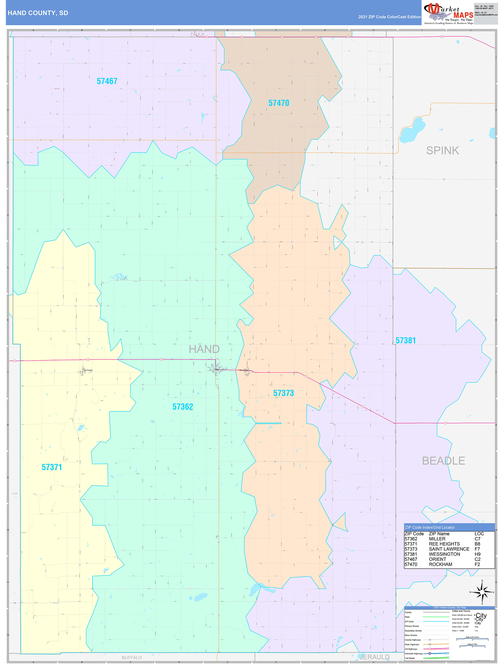 Hand County, SD Wall Map Color Cast Style by MarketMAPS - MapSales.com