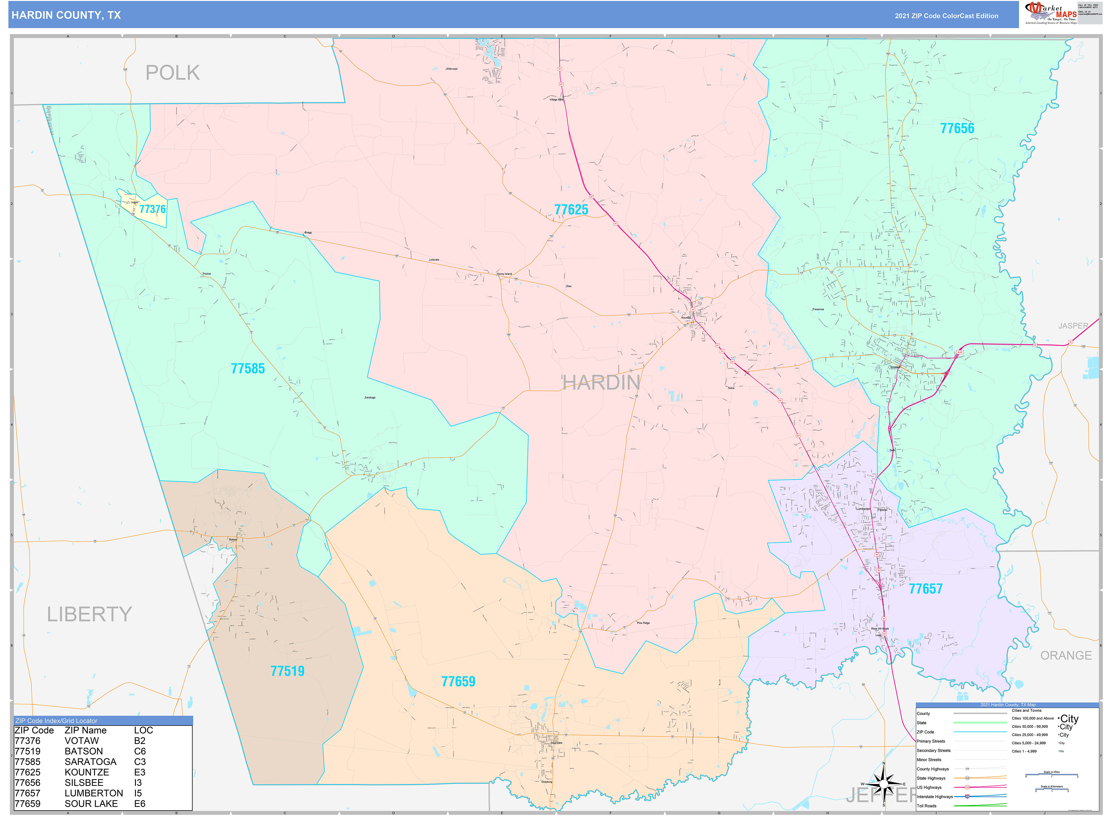 Hardin County TX Wall Map Color Cast Style by MarketMAPS