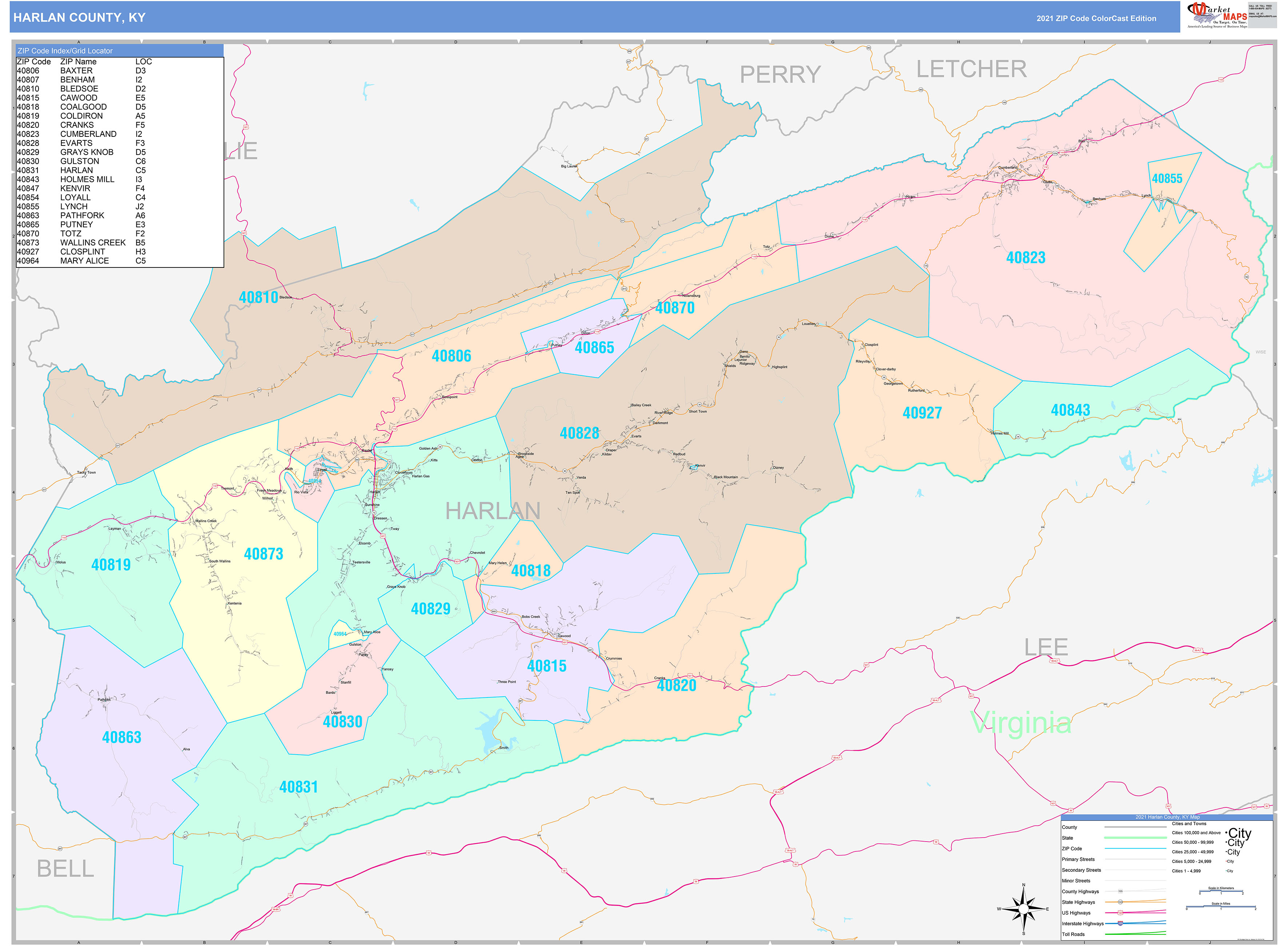 Harlan County, KY Wall Map Color Cast Style by MarketMAPS