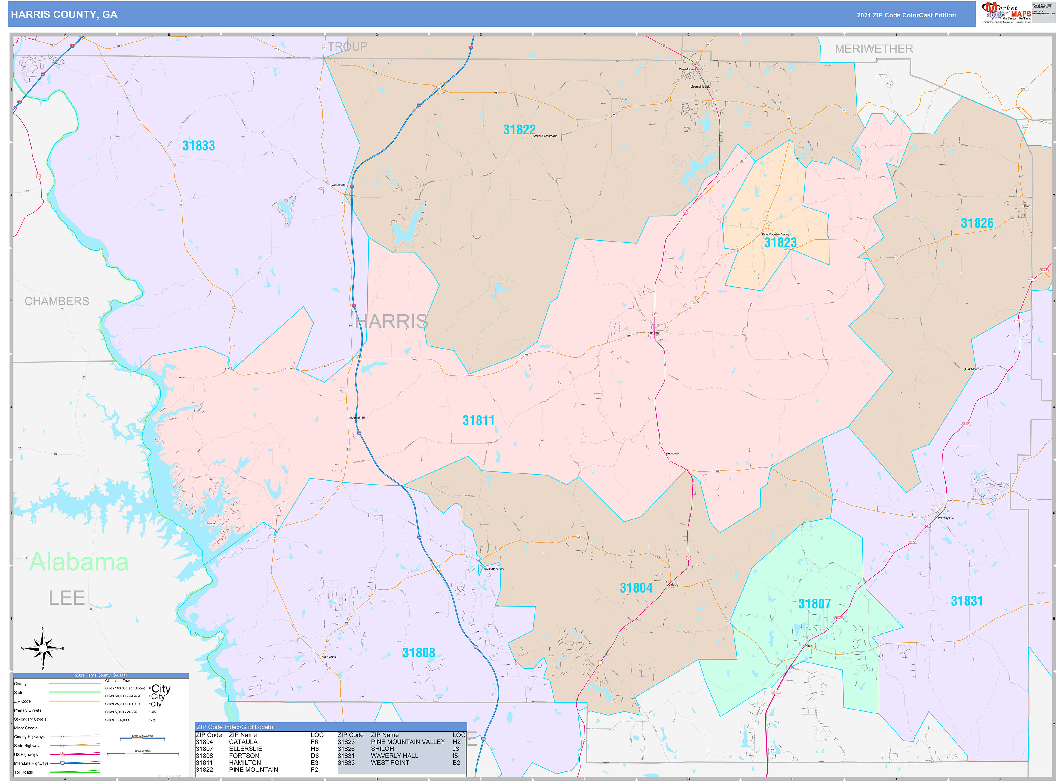 Harris County, GA Wall Map Color Cast Style by MarketMAPS
