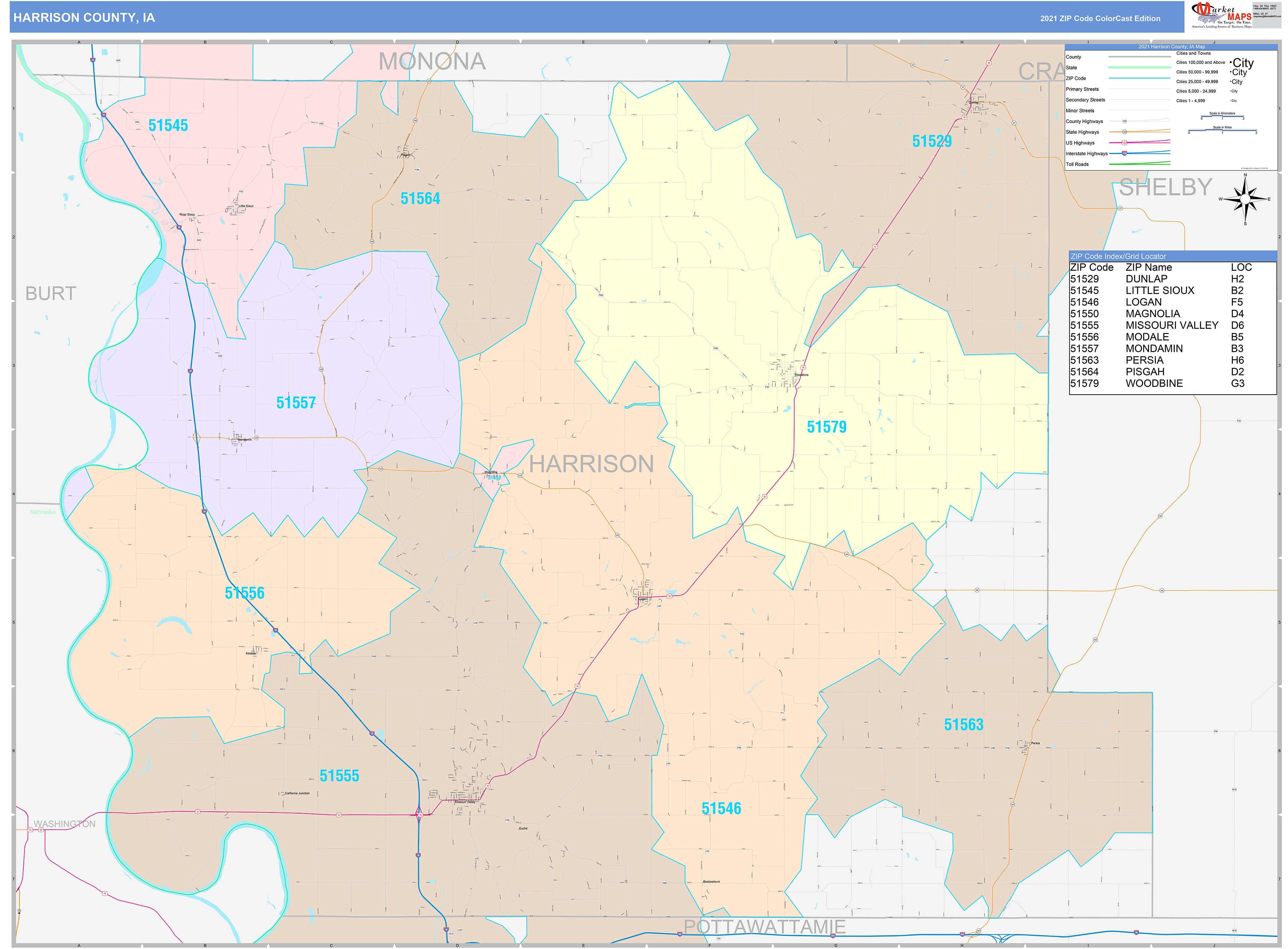 Harrison County, IA Wall Map Color Cast Style by MarketMAPS