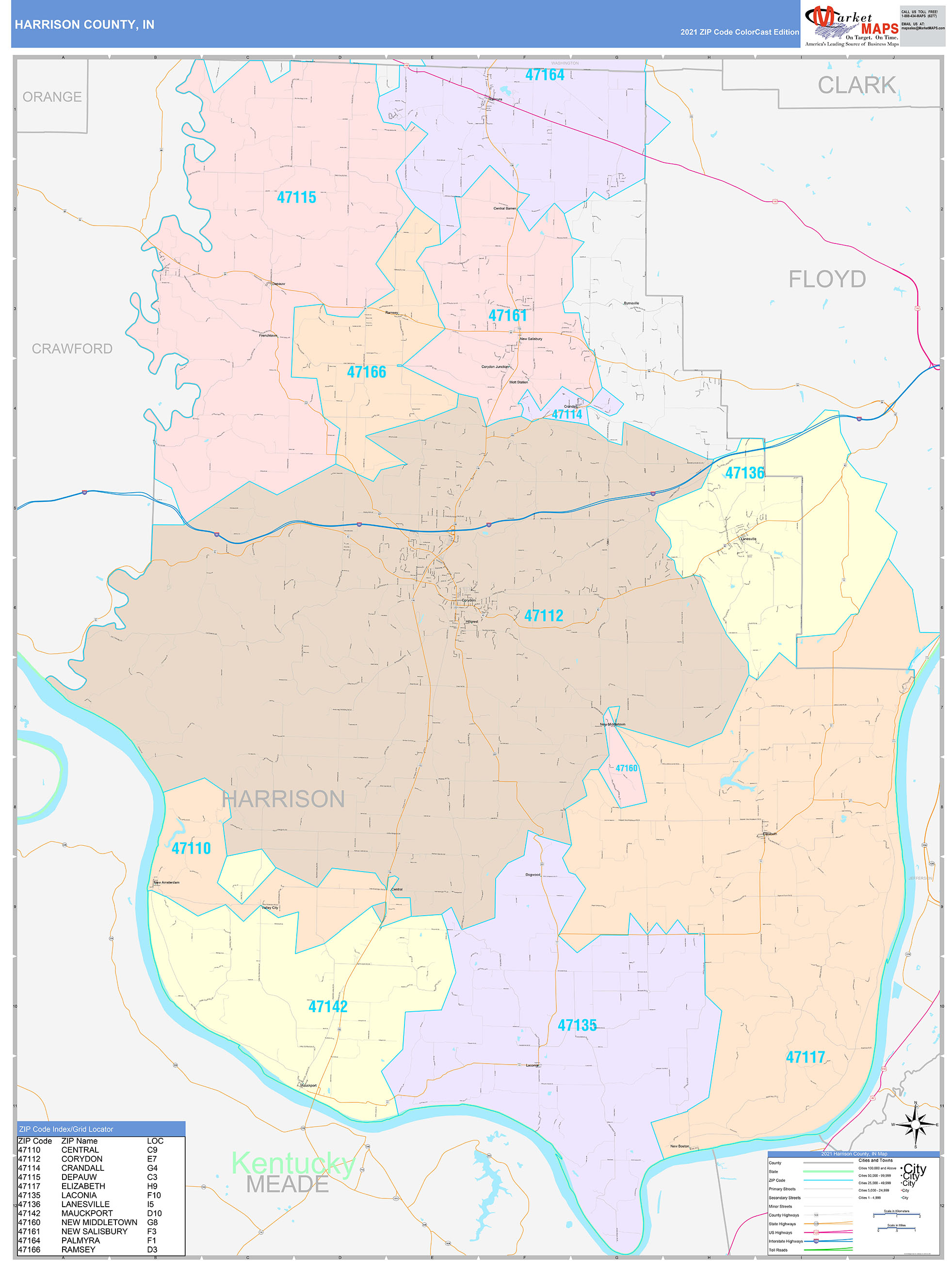 Harrison County, IN Wall Map Color Cast Style by MarketMAPS