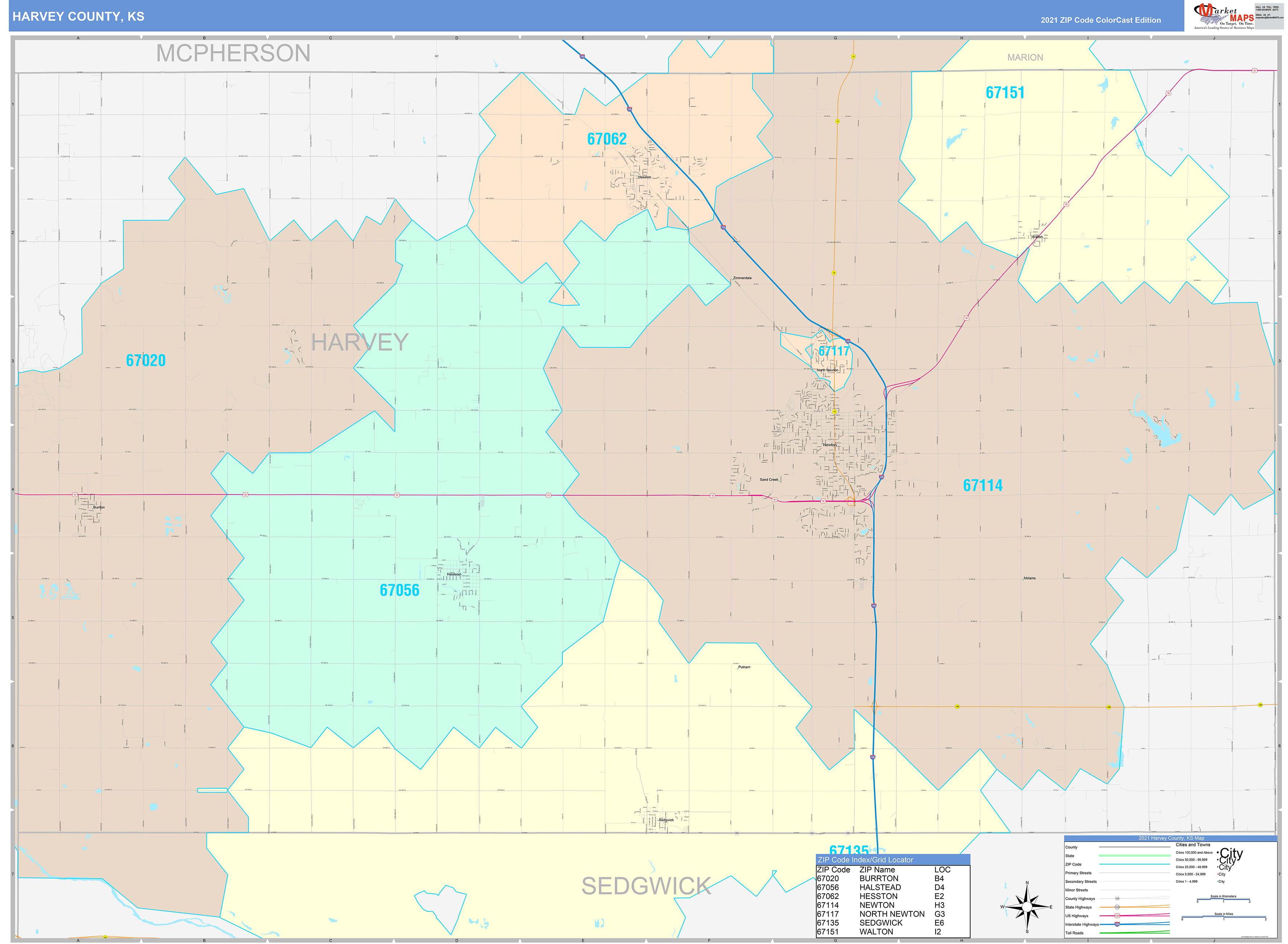 Harvey County, KS Wall Map Color Cast Style by MarketMAPS MapSales