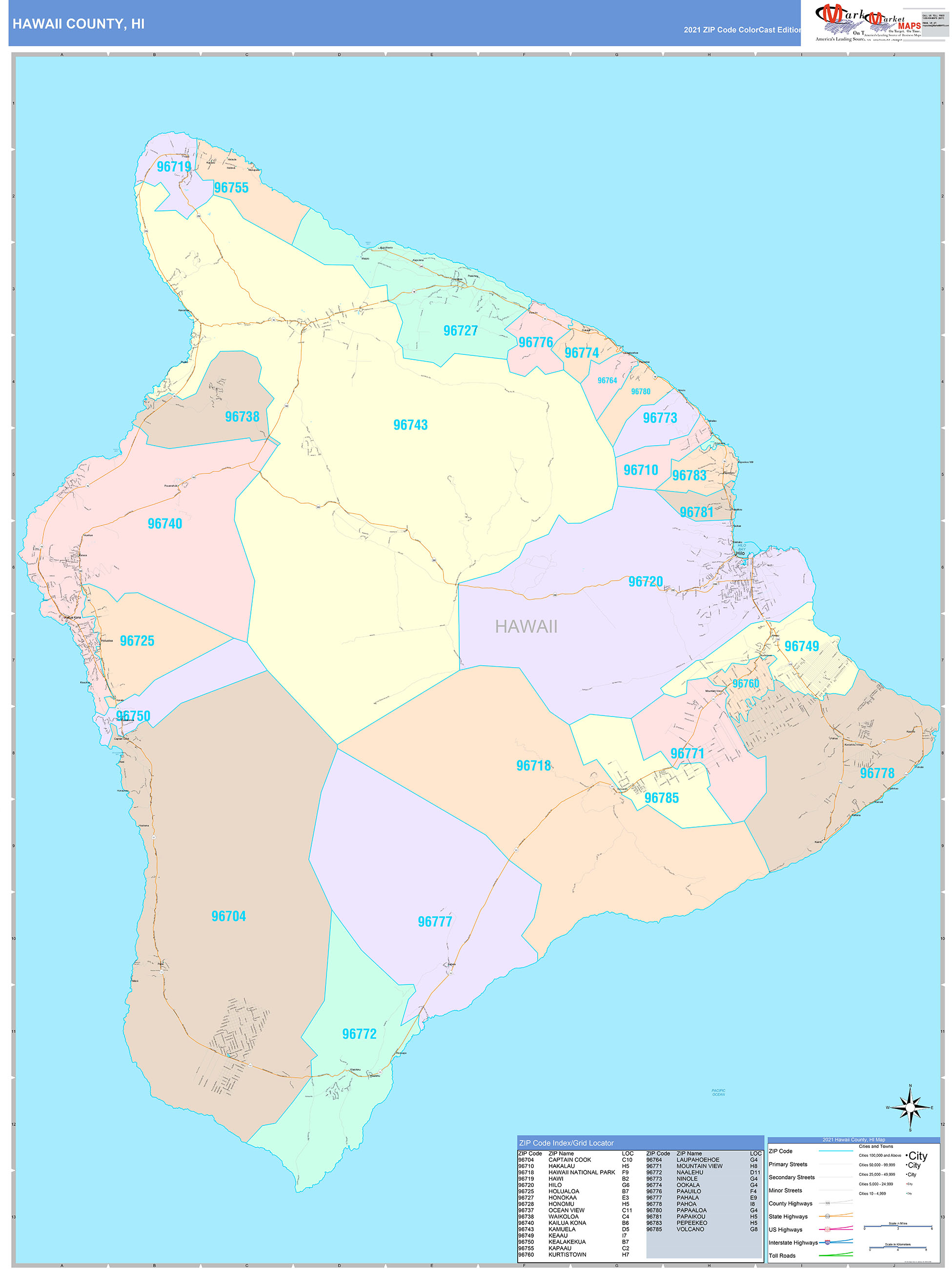 Hawaii County, HI Wall Map Color Cast Style by MarketMAPS - MapSales