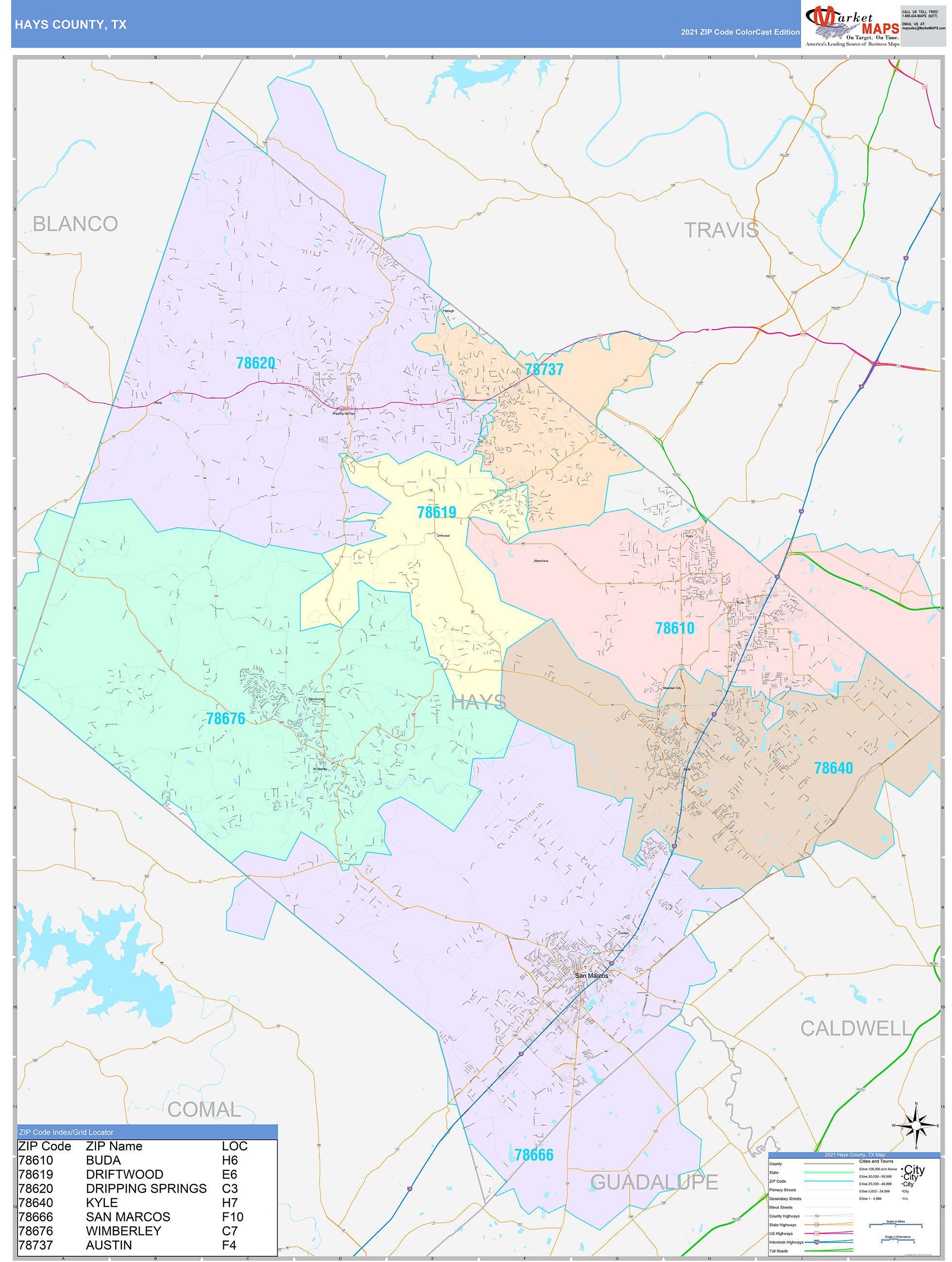 Hays County, TX Wall Map Color Cast Style by MarketMAPS