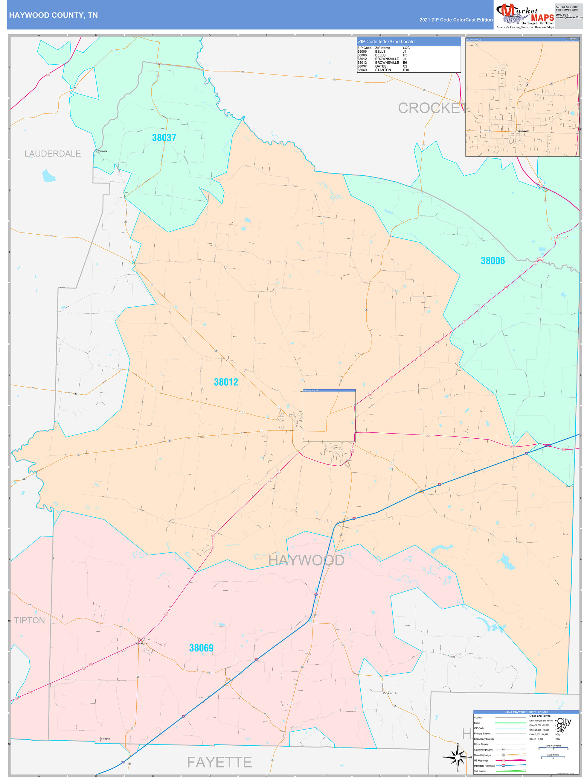 Haywood County, TN Wall Map Color Cast Style by MarketMAPS