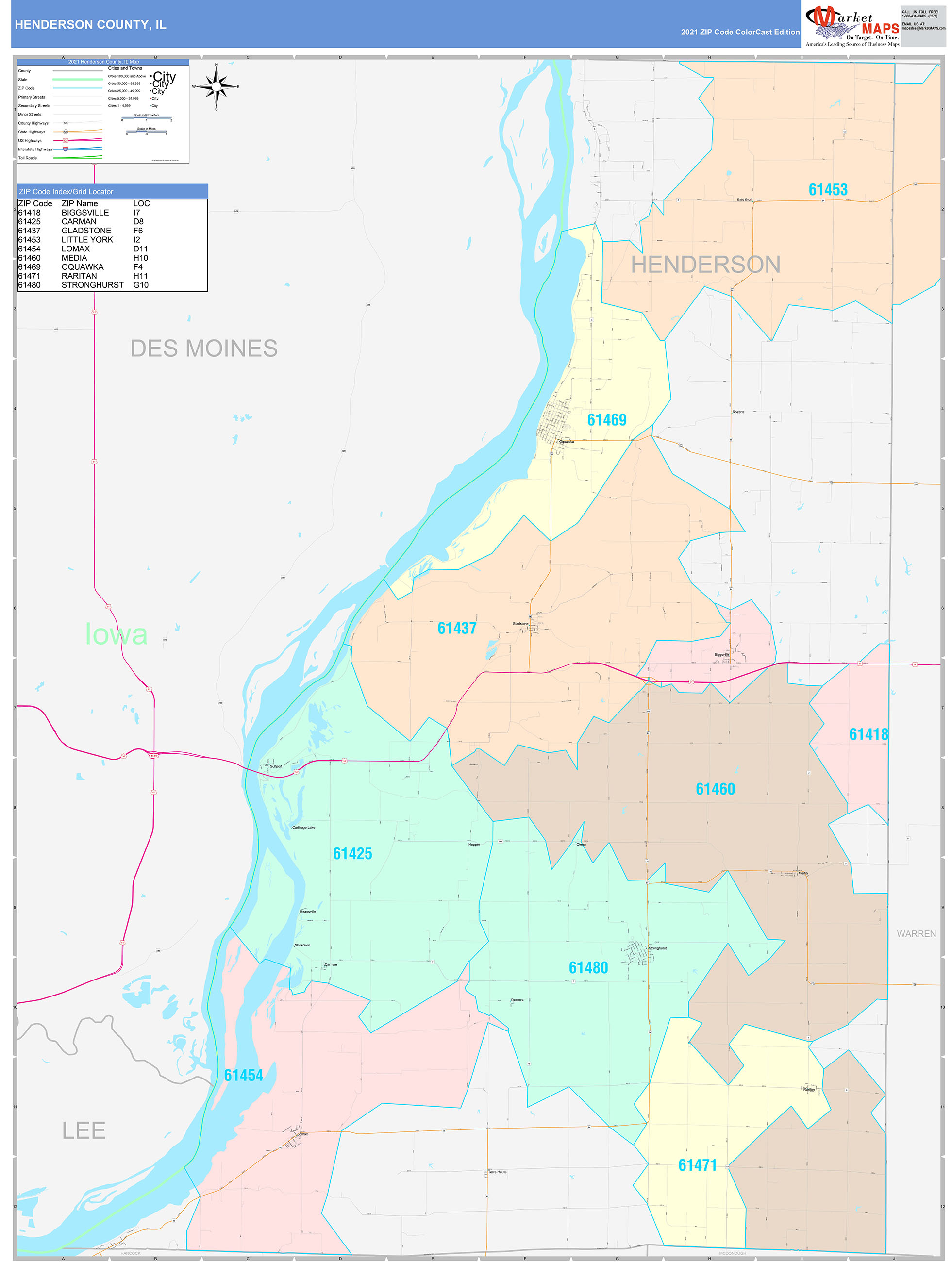 Henderson County, IL Wall Map Color Cast Style by MarketMAPS - MapSales