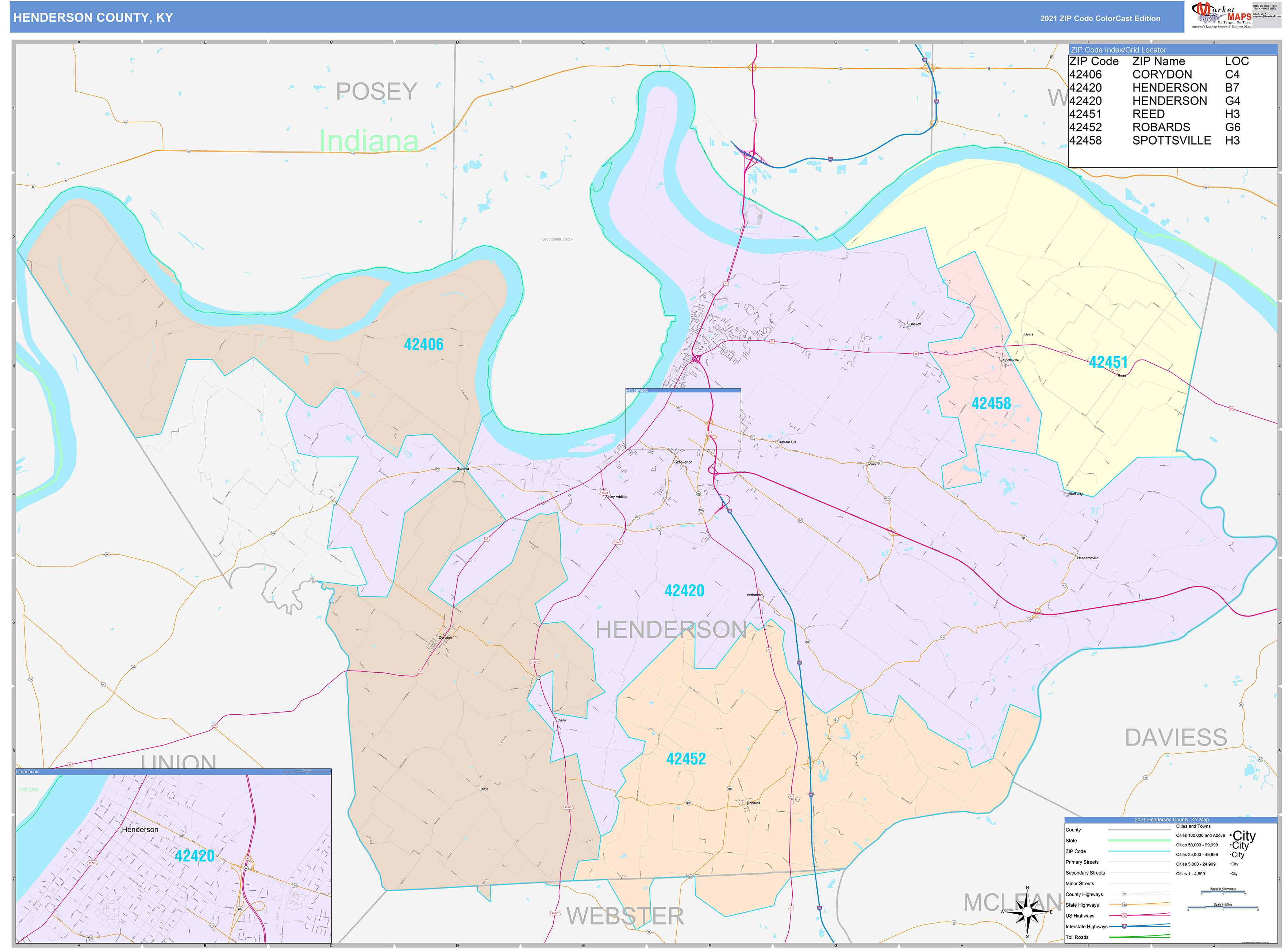 Henderson County, KY Wall Map Color Cast Style by MarketMAPS