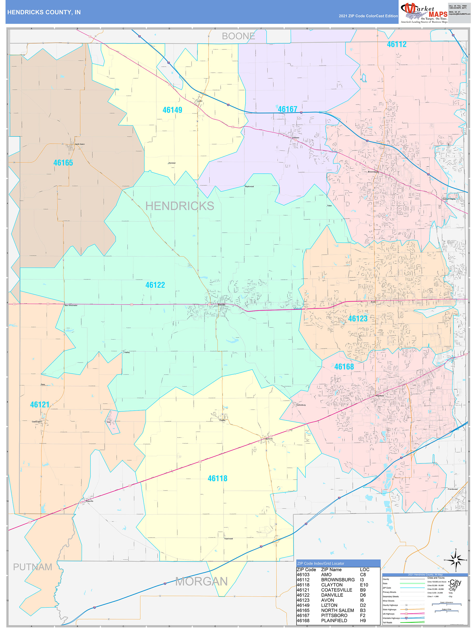 Hendricks County, IN Wall Map Color Cast Style by MarketMAPS MapSales