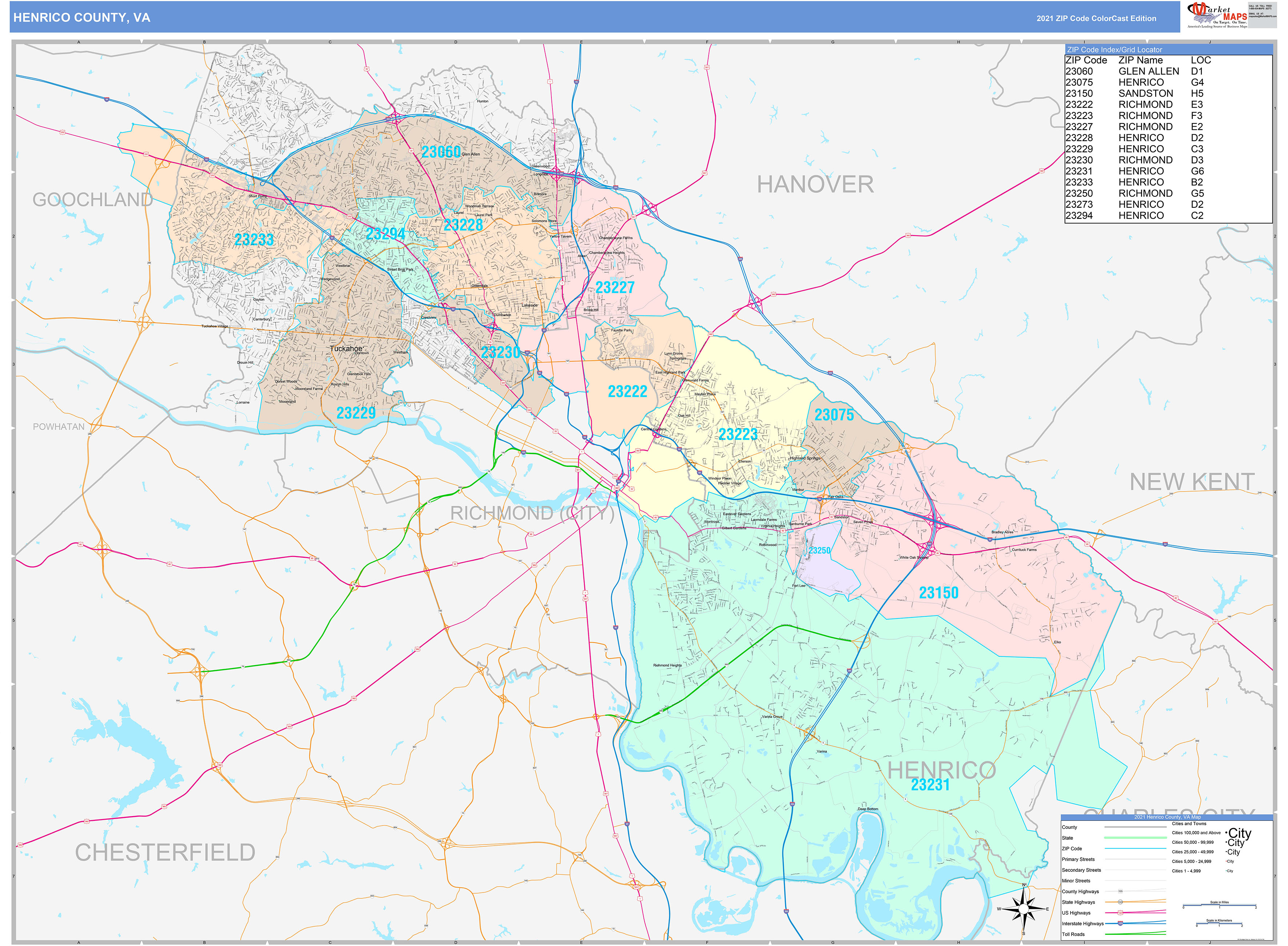 Henrico County, VA Wall Map Color Cast Style by MarketMAPS MapSales