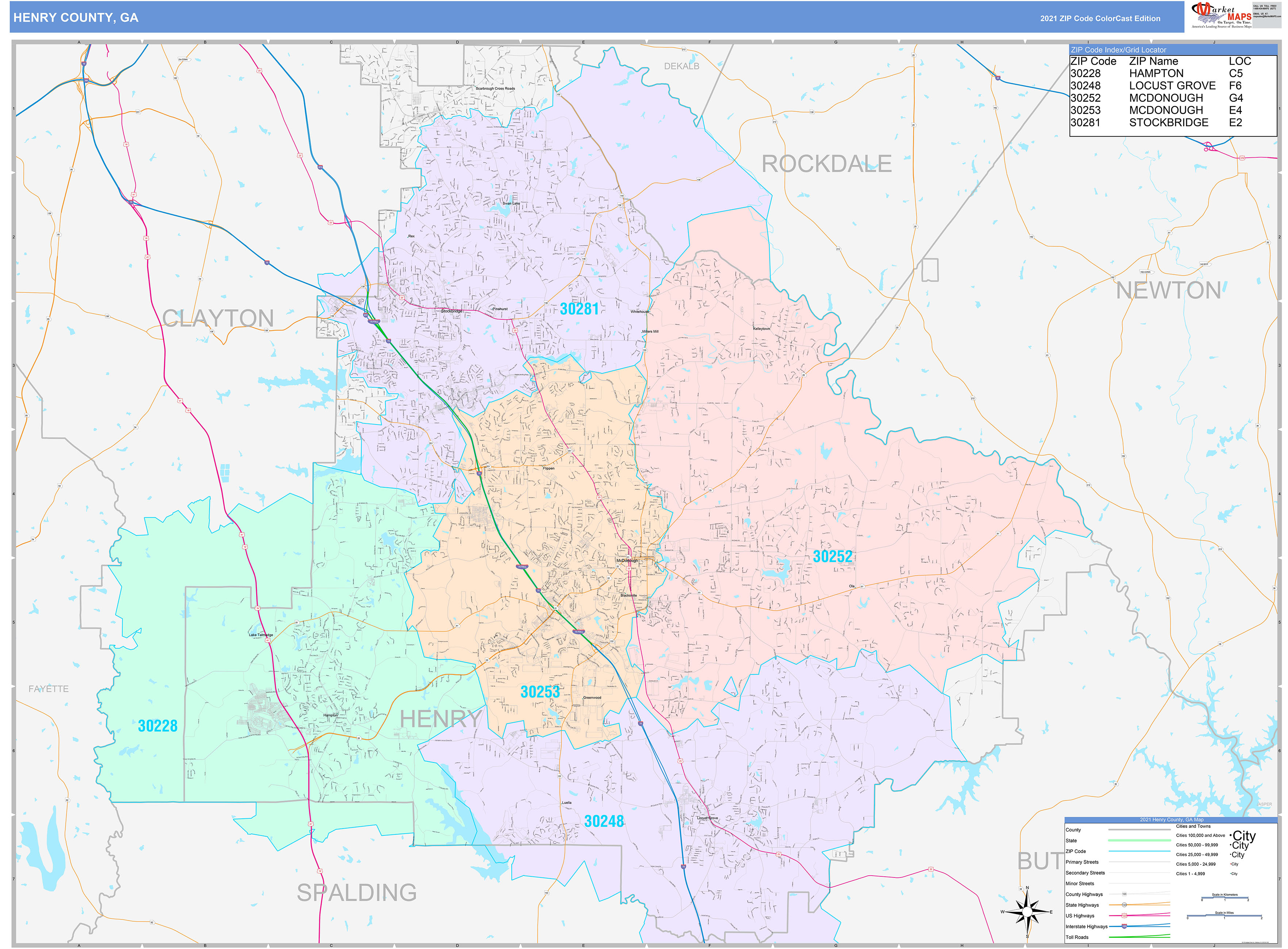 Henry County, GA Wall Map Color Cast Style by MarketMAPS MapSales