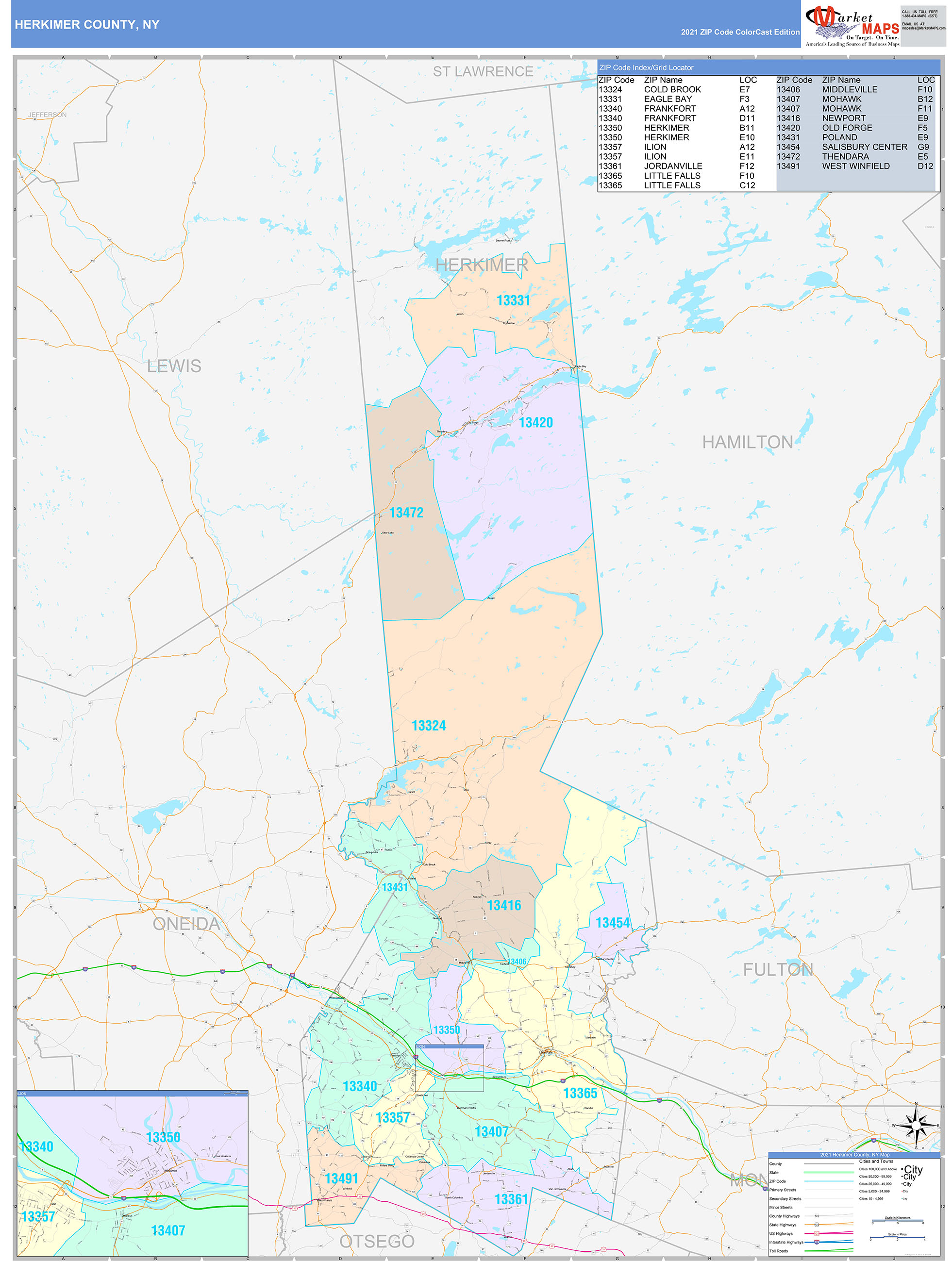 Herkimer County, NY Wall Map Color Cast Style by MarketMAPS - MapSales.com