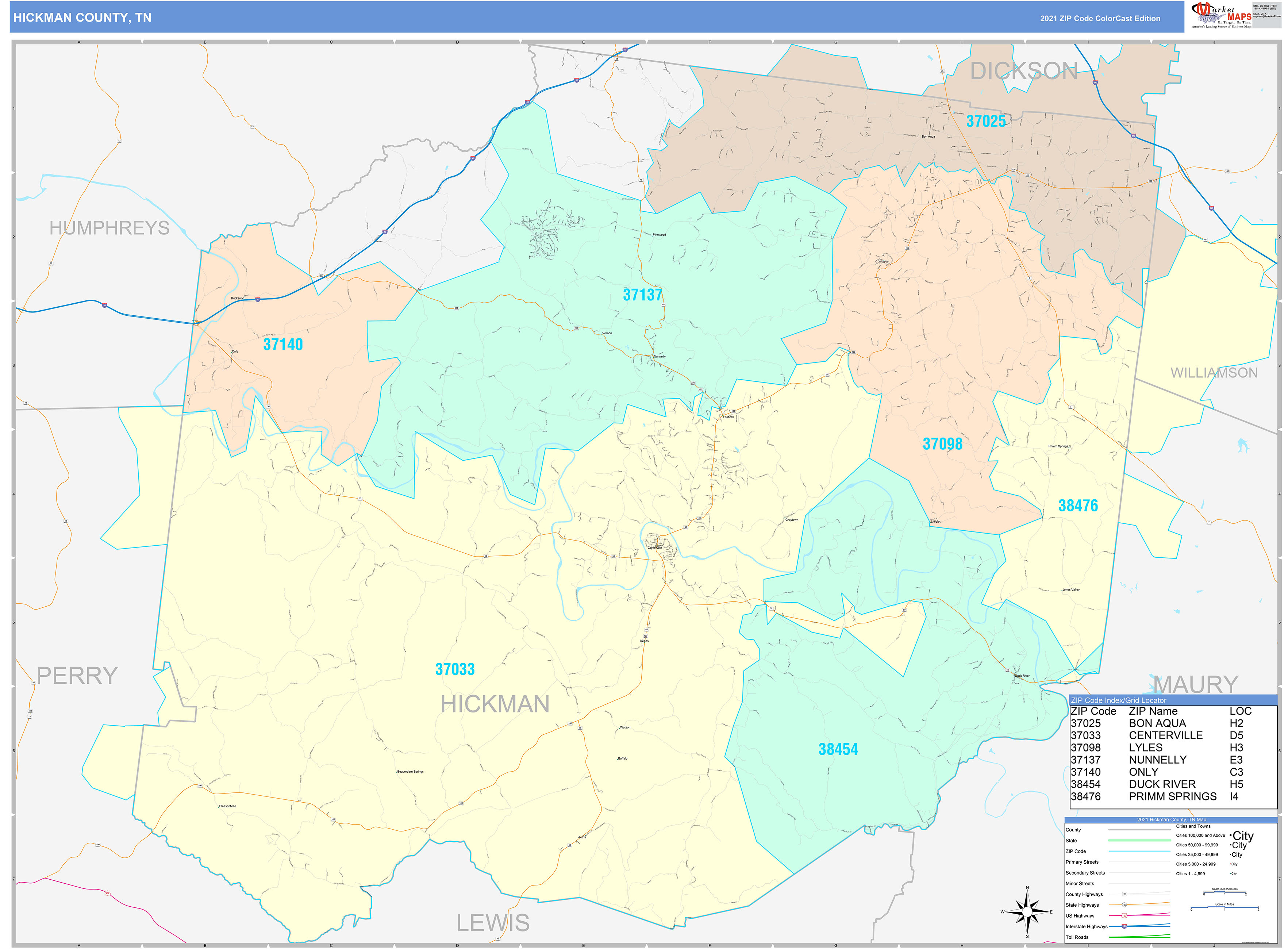 Hickman County, TN Wall Map Color Cast Style by MarketMAPS