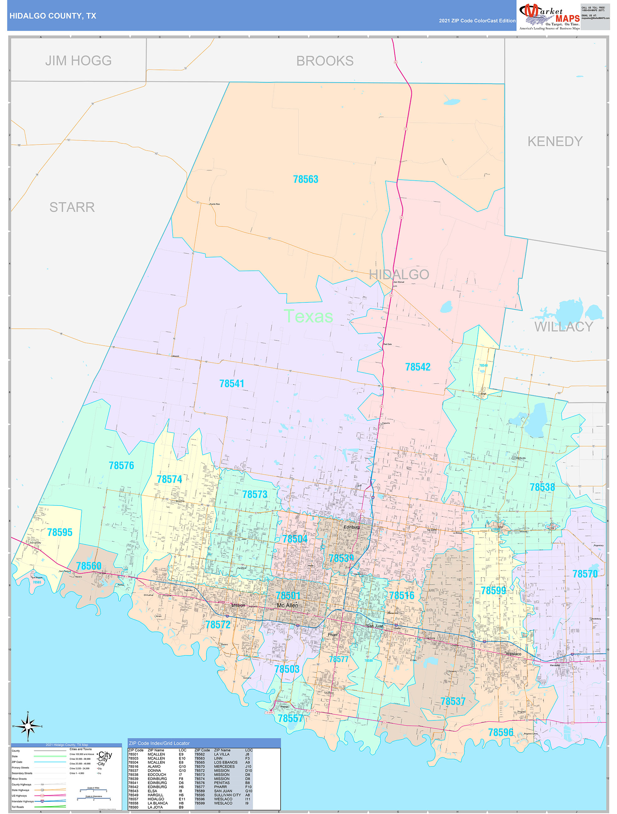 Hidalgo County, TX Wall Map Color Cast Style by MarketMAPS