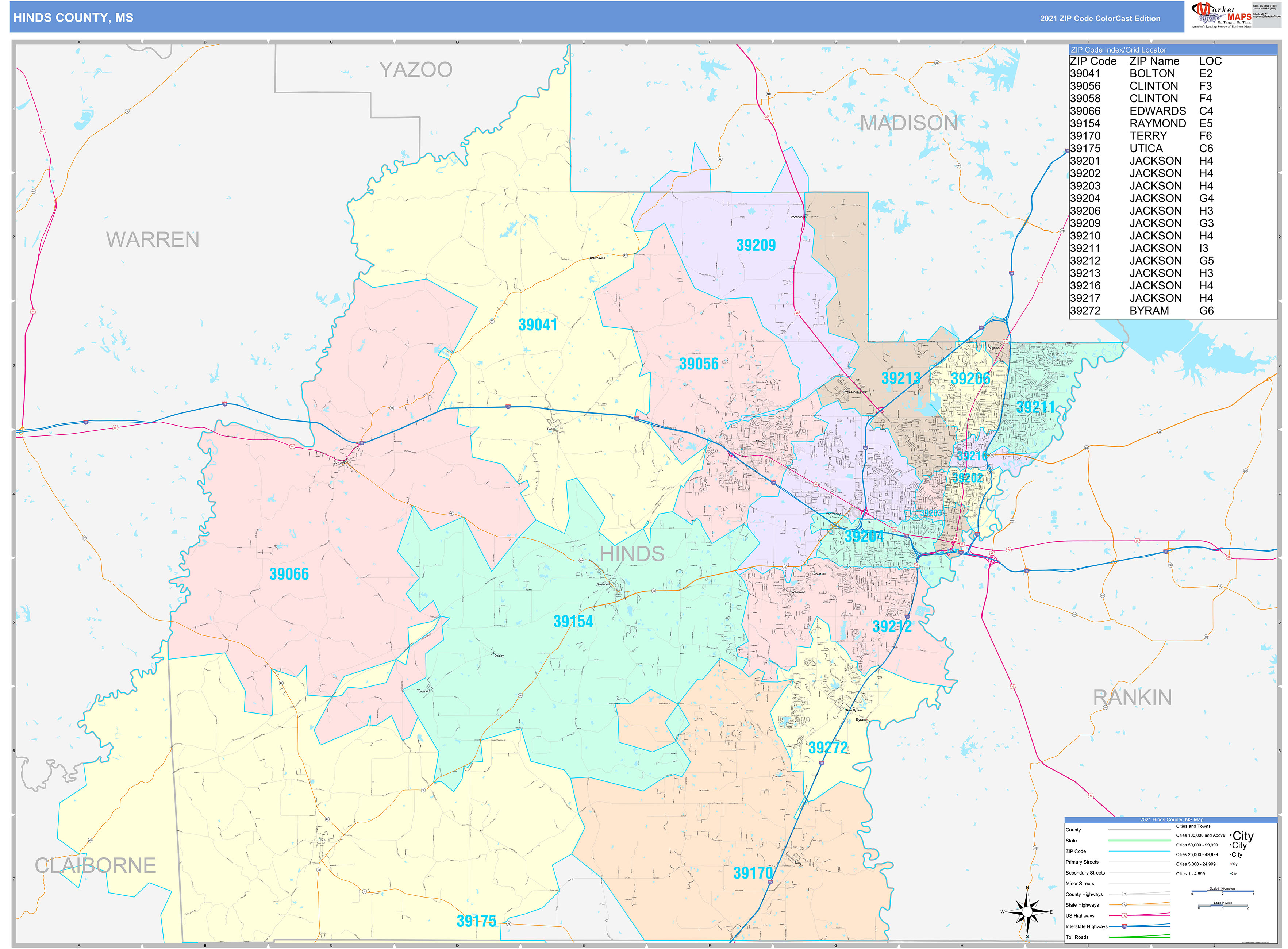 Hinds County, MS Wall Map Color Cast Style by MarketMAPS