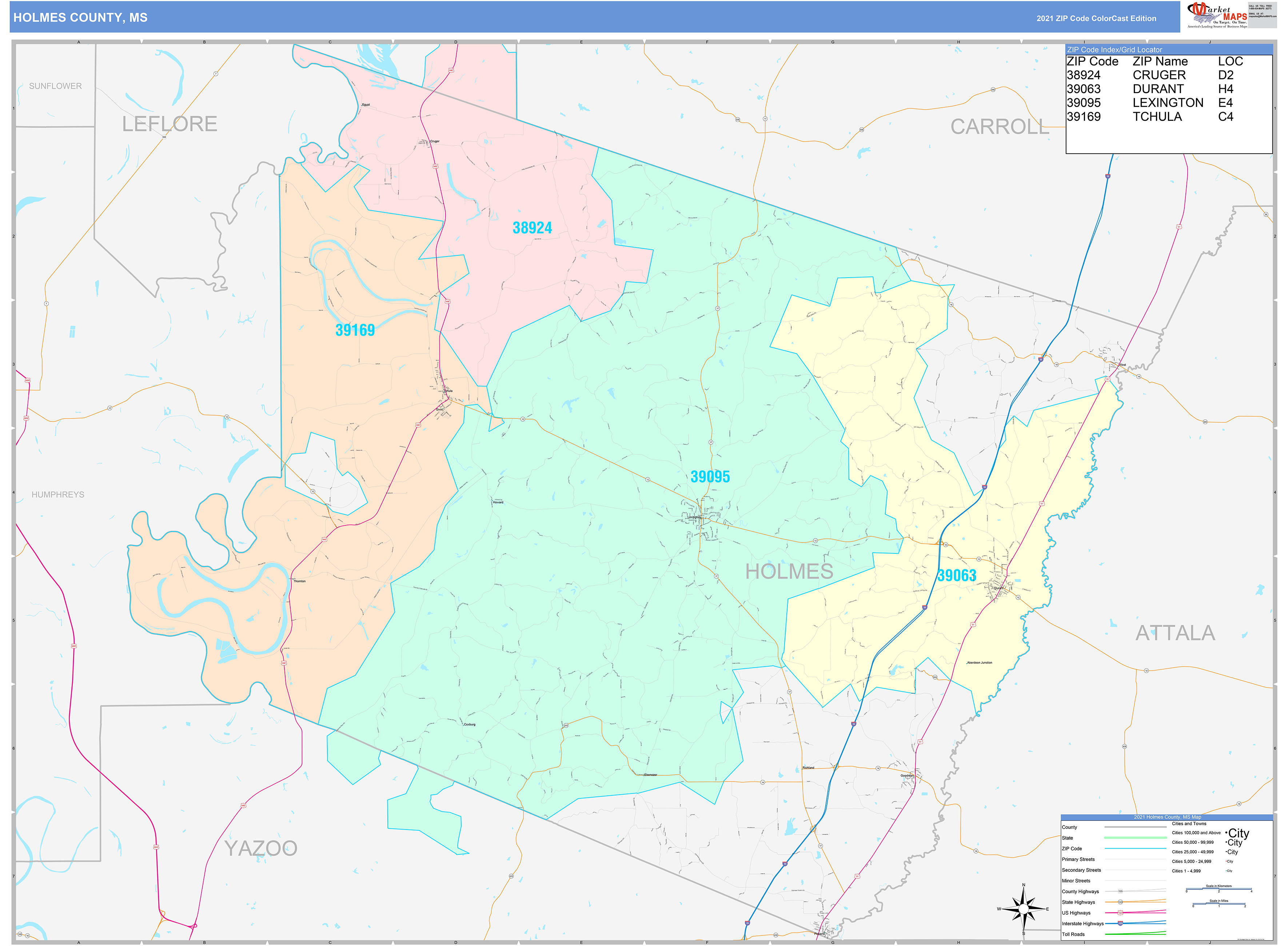 Holmes County, MS Wall Map Color Cast Style by MarketMAPS