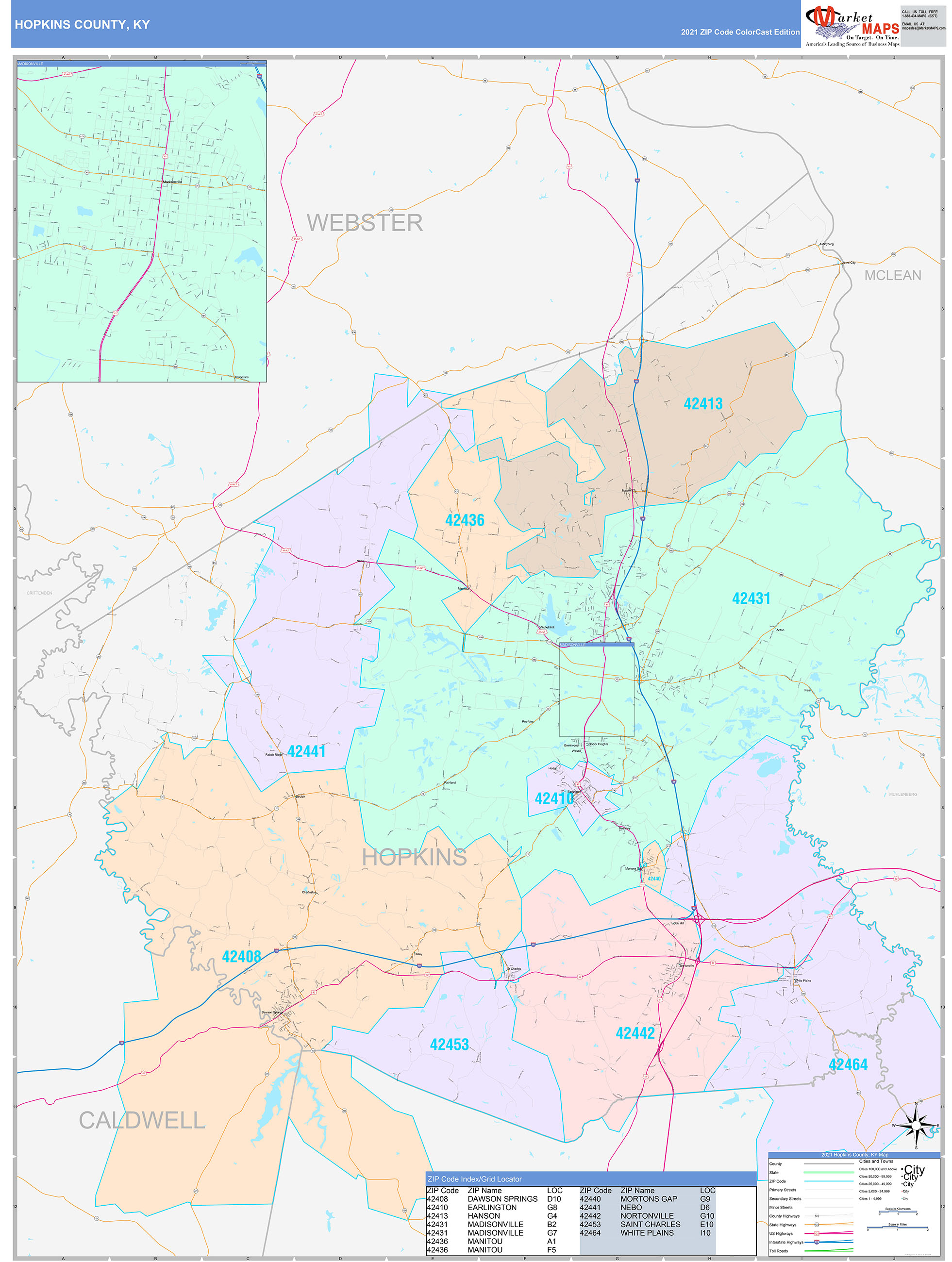 Hopkins County, KY Wall Map Color Cast Style by MarketMAPS - MapSales.com