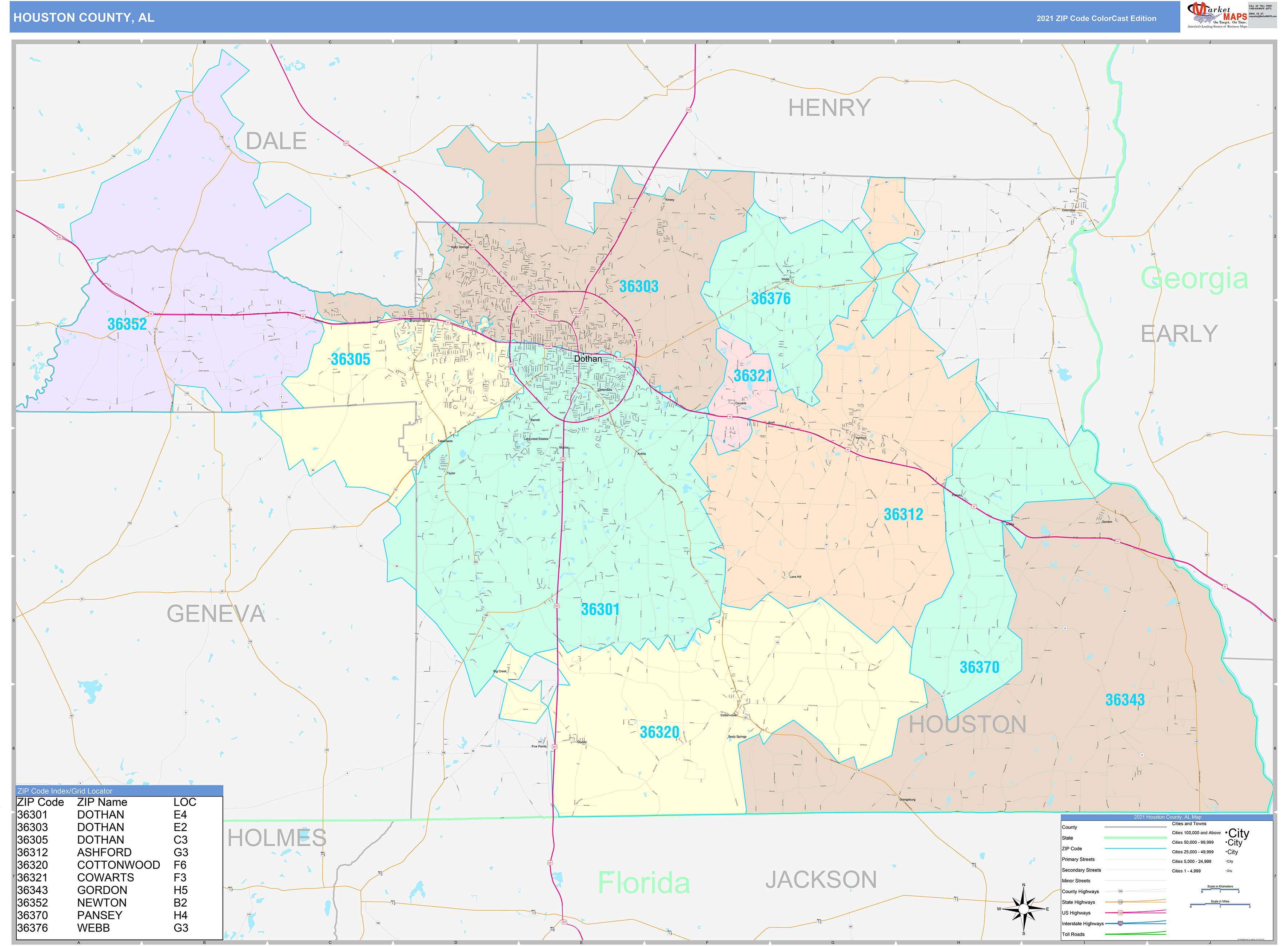 Houston County, AL Wall Map Color Cast Style by MarketMAPS - MapSales