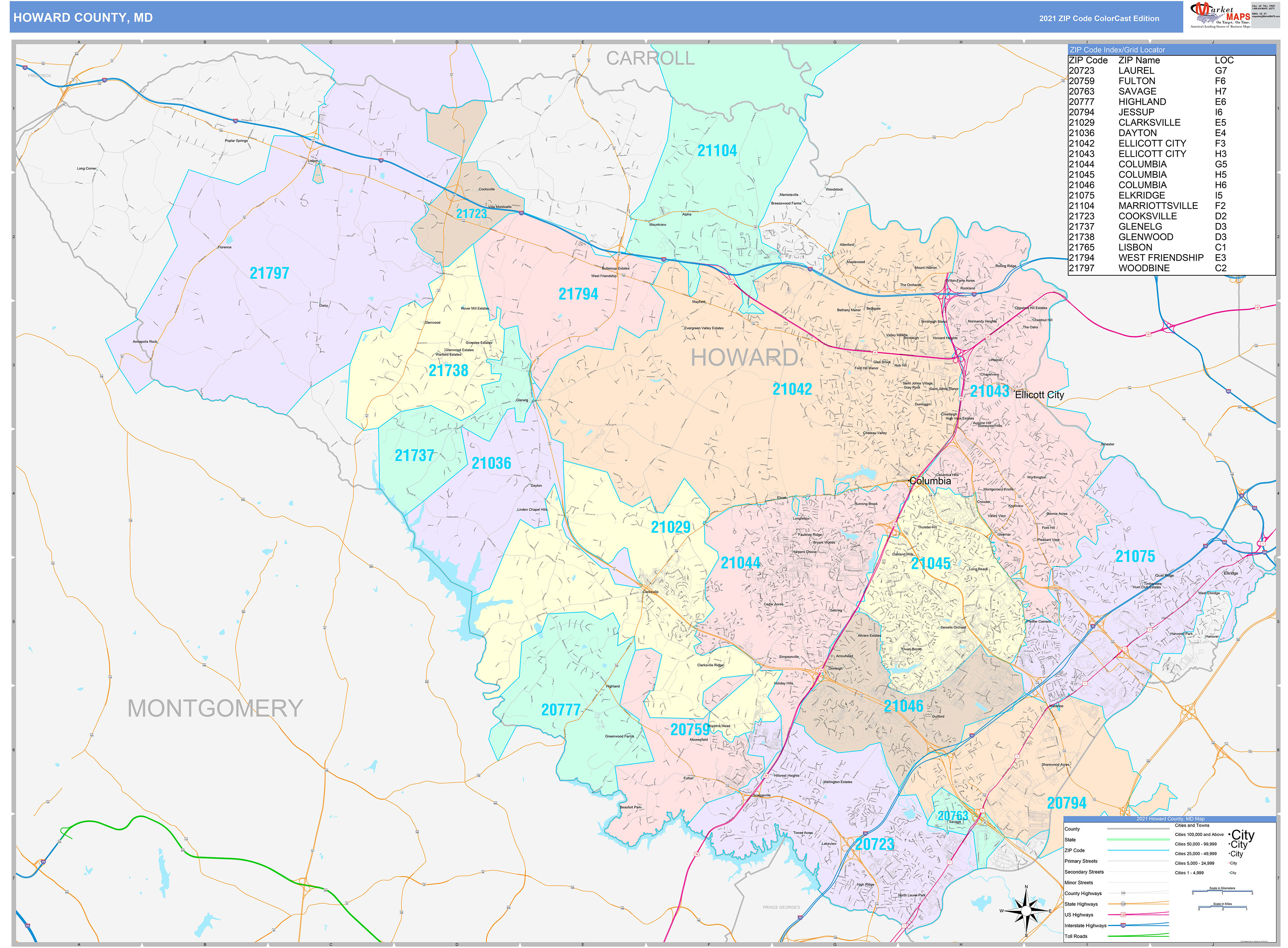 Howard County, MD Wall Map Color Cast Style by MarketMAPS - MapSales