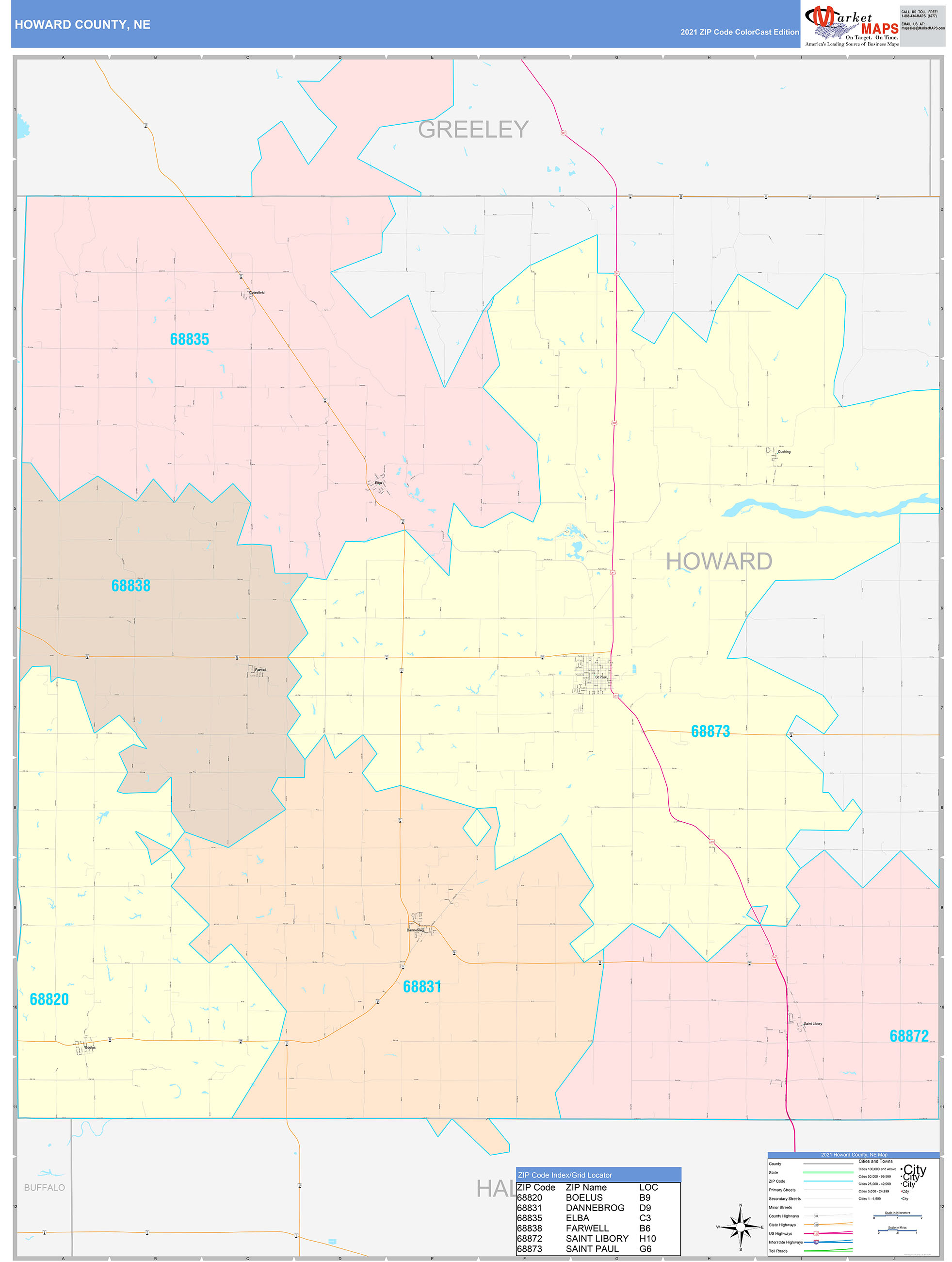 Howard County, NE Wall Map Color Cast Style by MarketMAPS