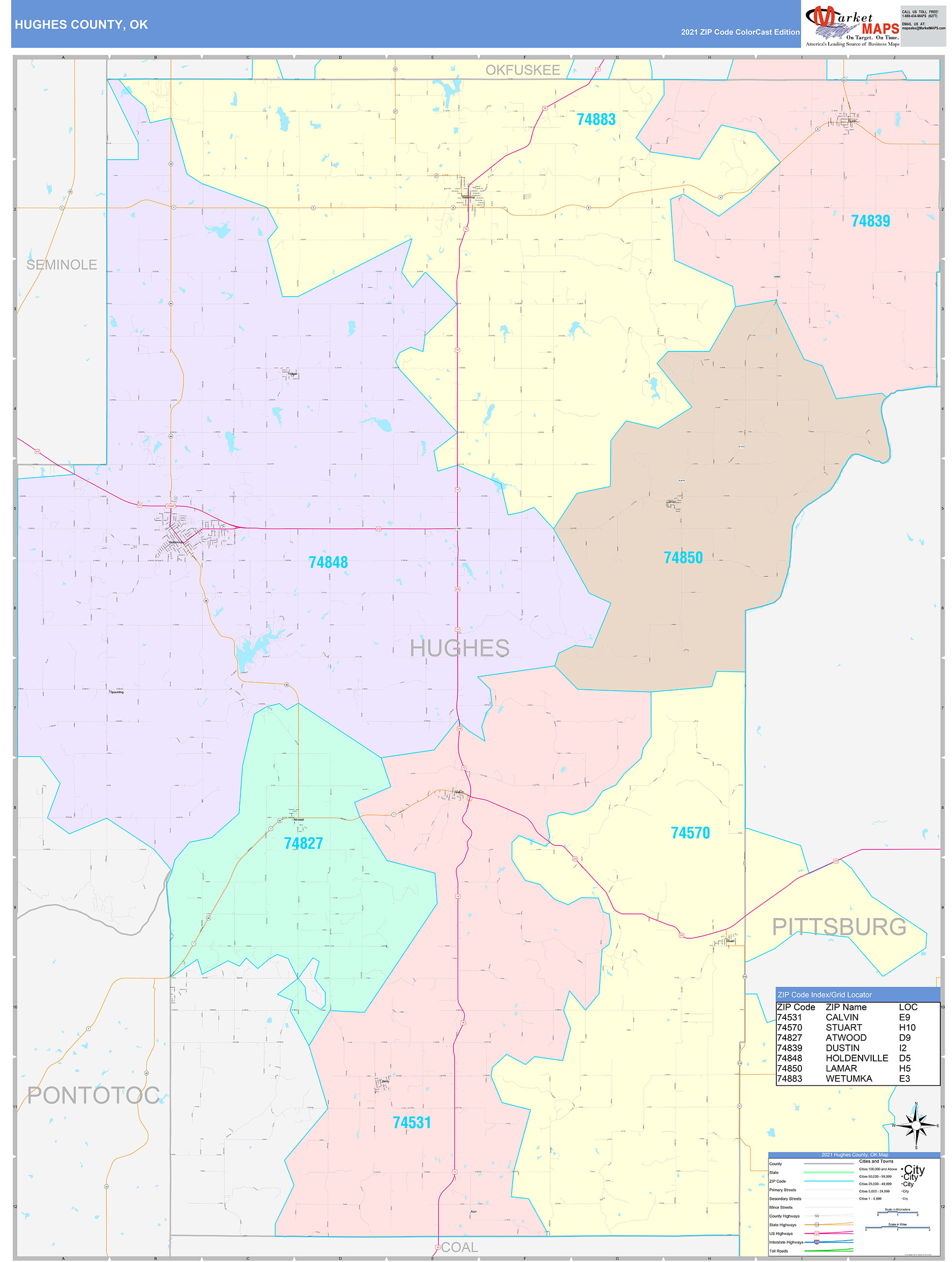 Hughes County, OK Wall Map Color Cast Style by MarketMAPS - MapSales.com