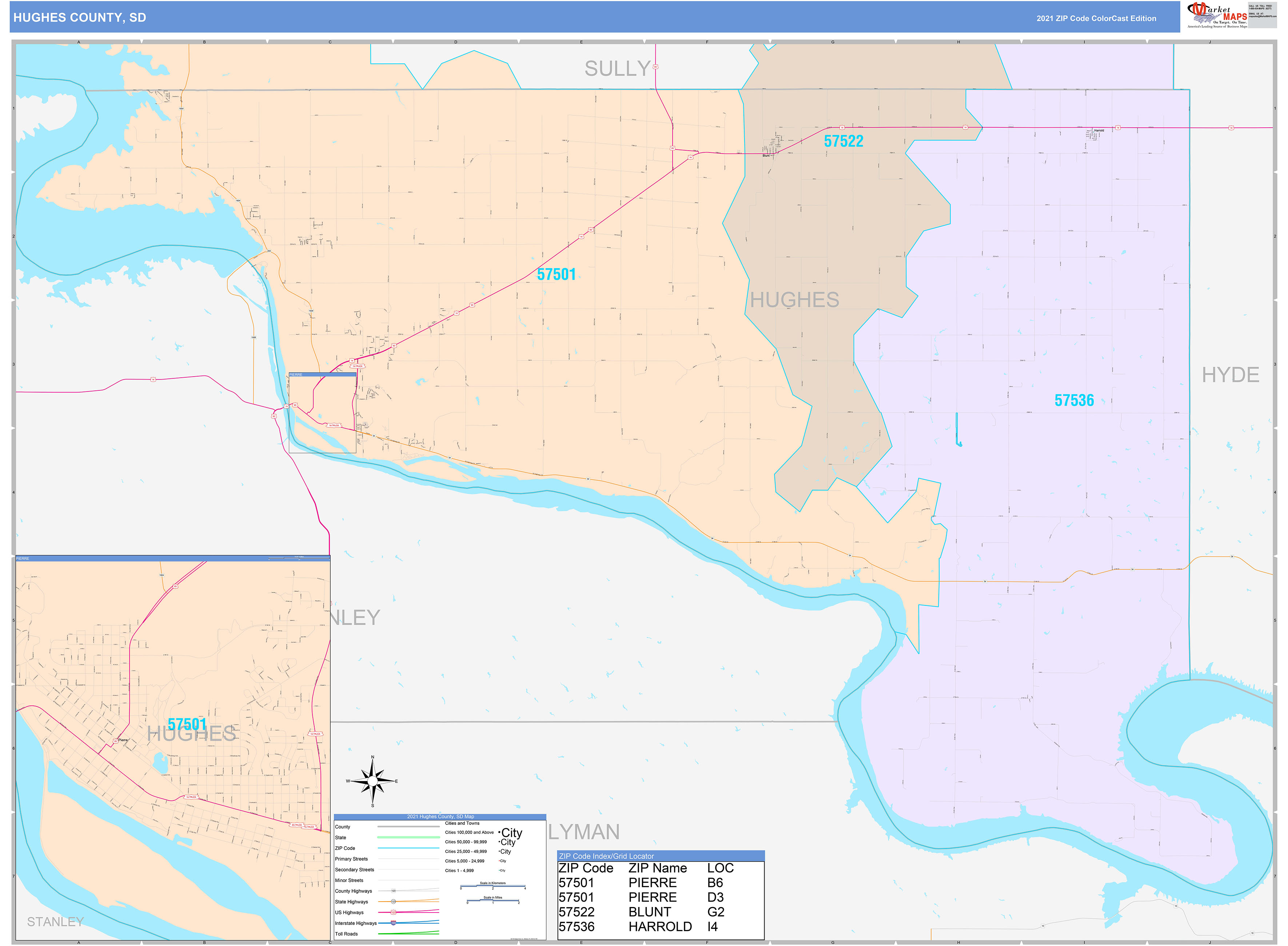 Hughes County, SD Wall Map Color Cast Style by MarketMAPS