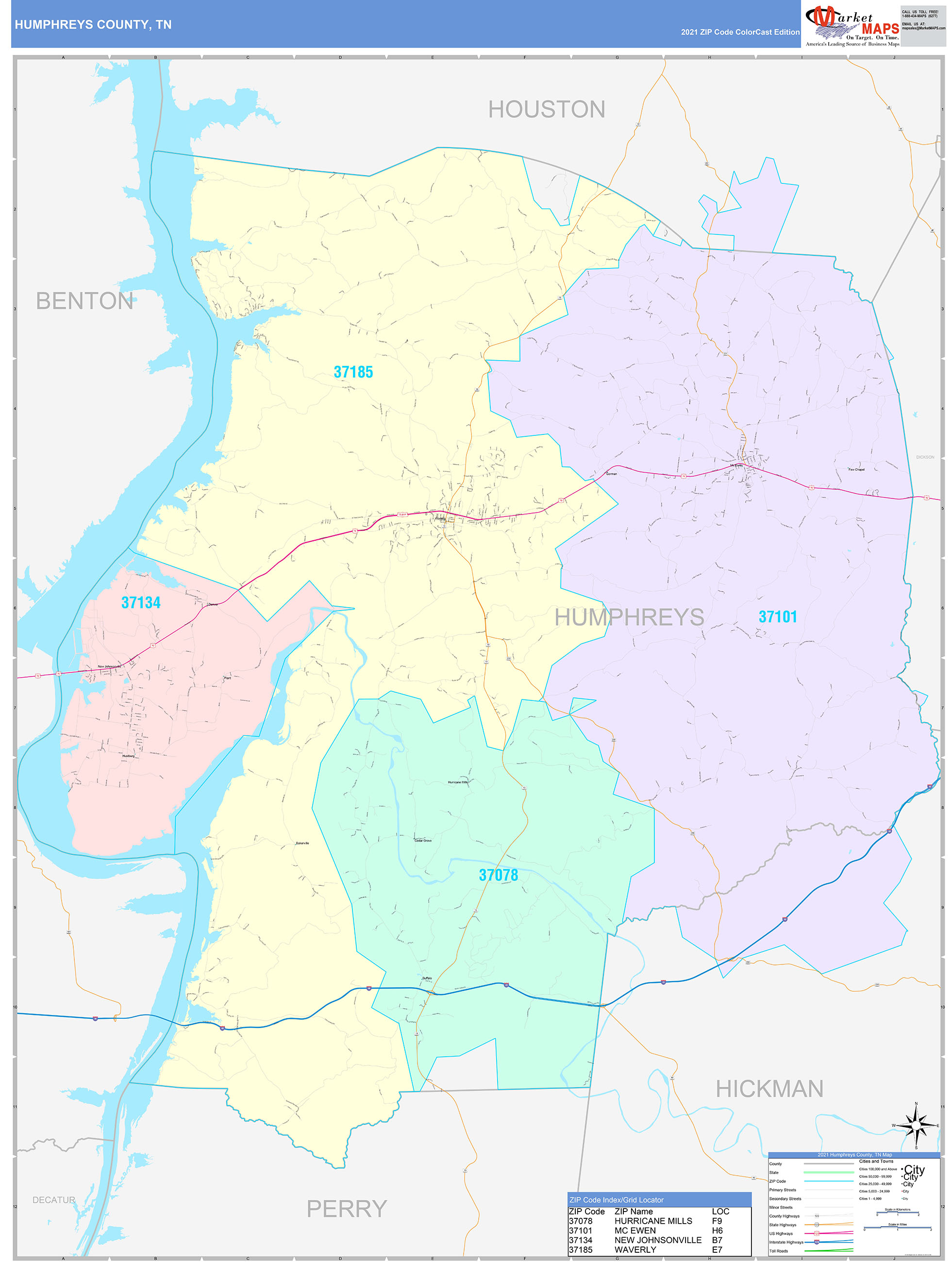 Humphreys County, TN Wall Map Color Cast Style by MarketMAPS