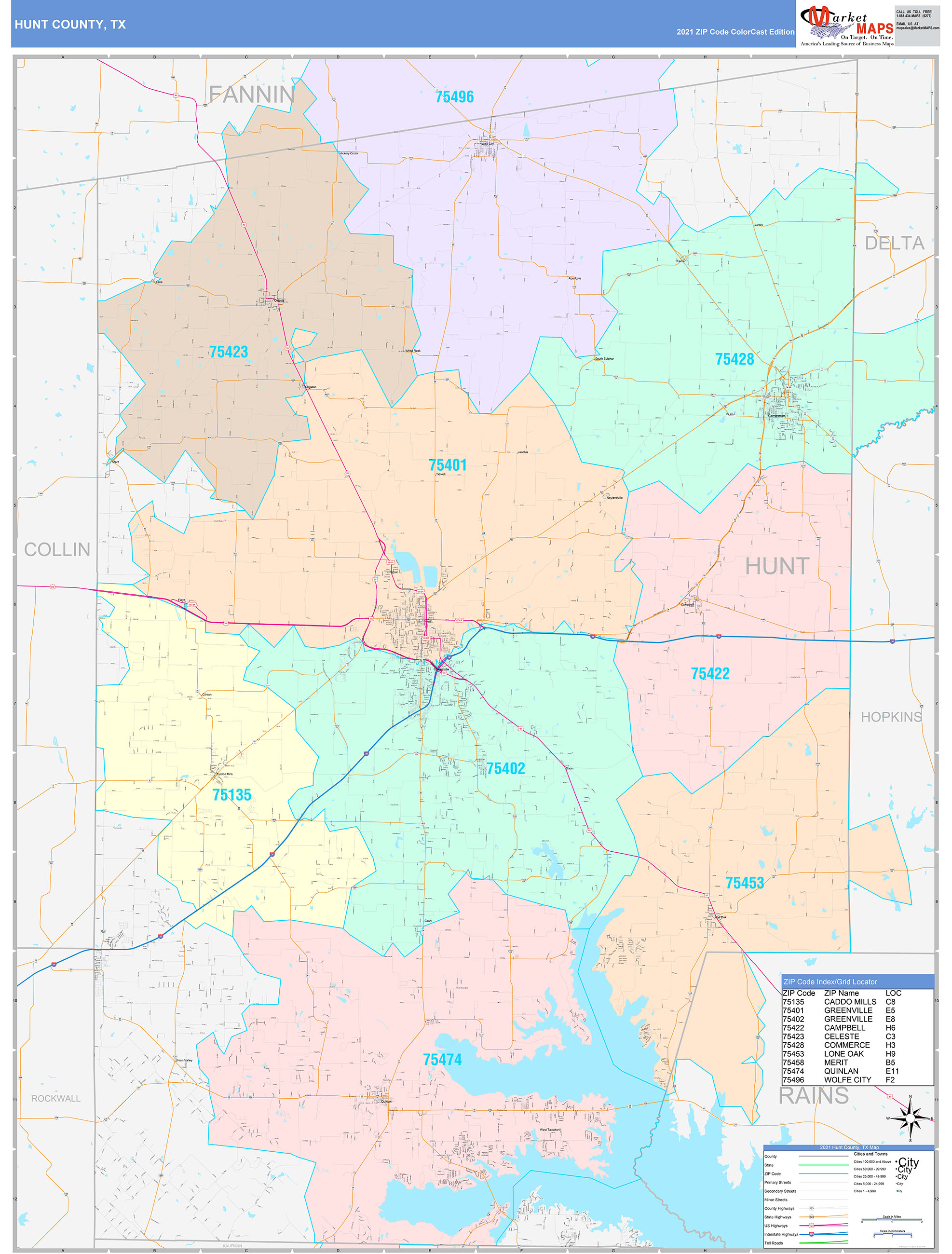 Hunt County, TX Wall Map Color Cast Style by MarketMAPS MapSales