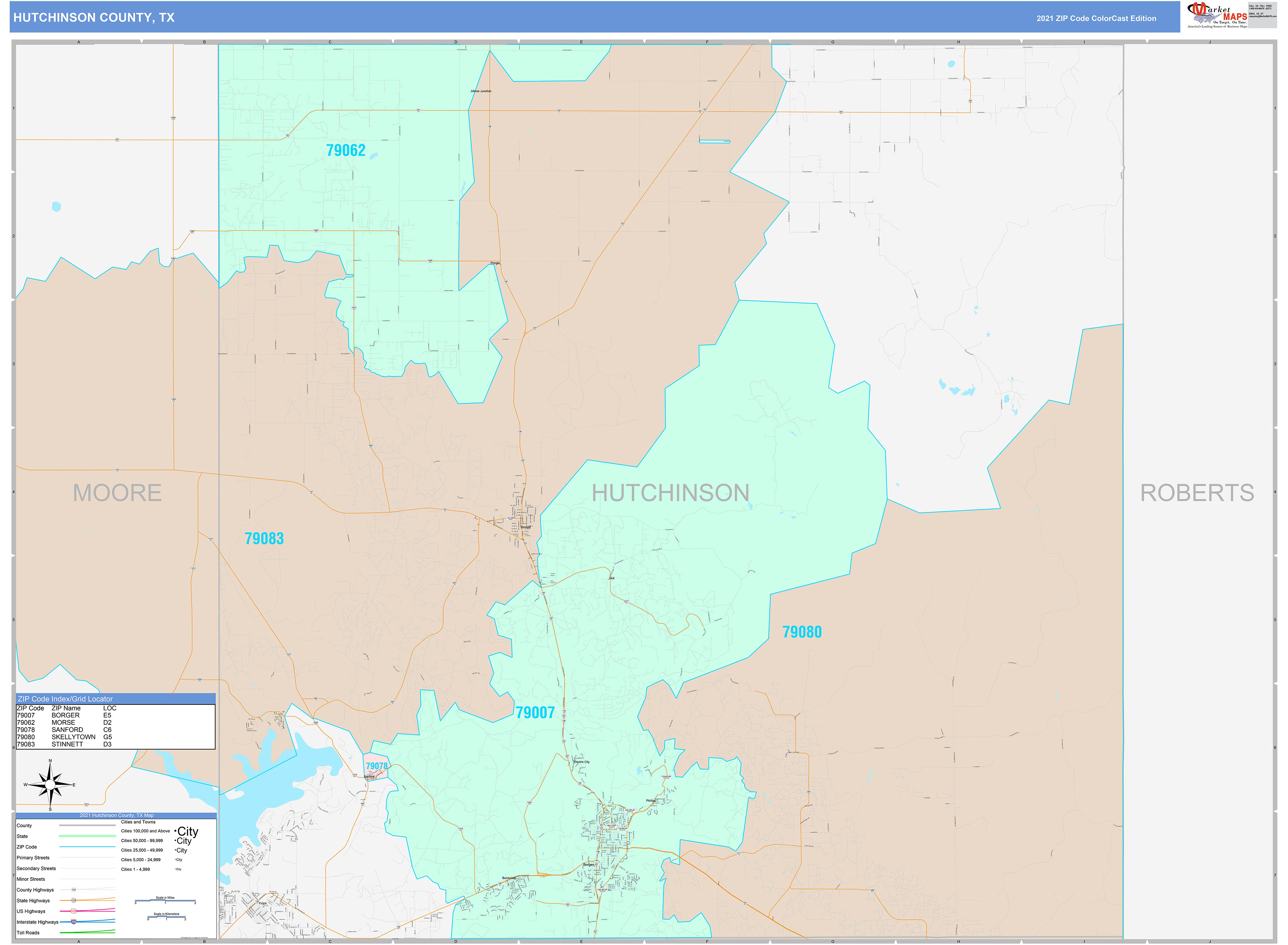 Hutchinson County, TX Wall Map Color Cast Style by MarketMAPS - MapSales