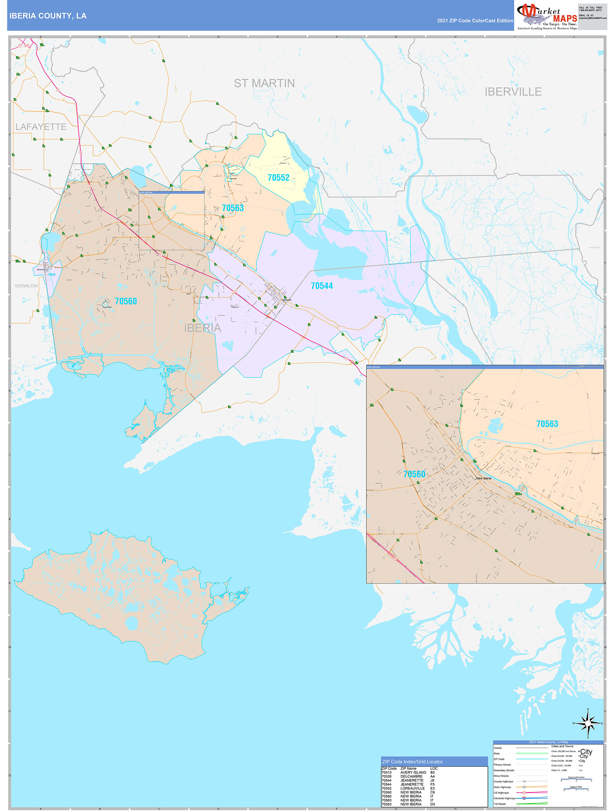 Iberia County, LA Wall Map Color Cast Style by MarketMAPS