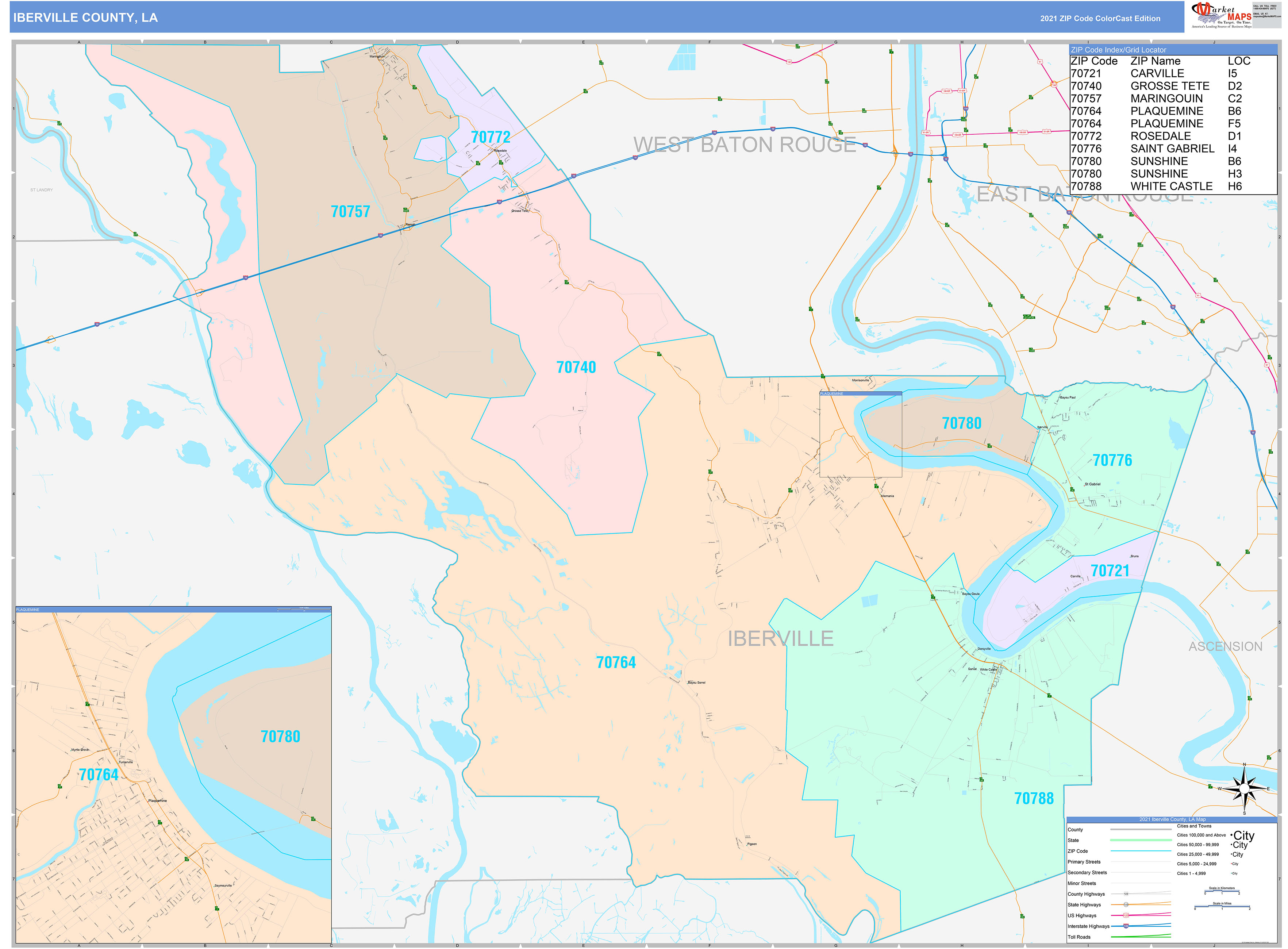 Iberville County, LA Wall Map Color Cast Style by MarketMAPS