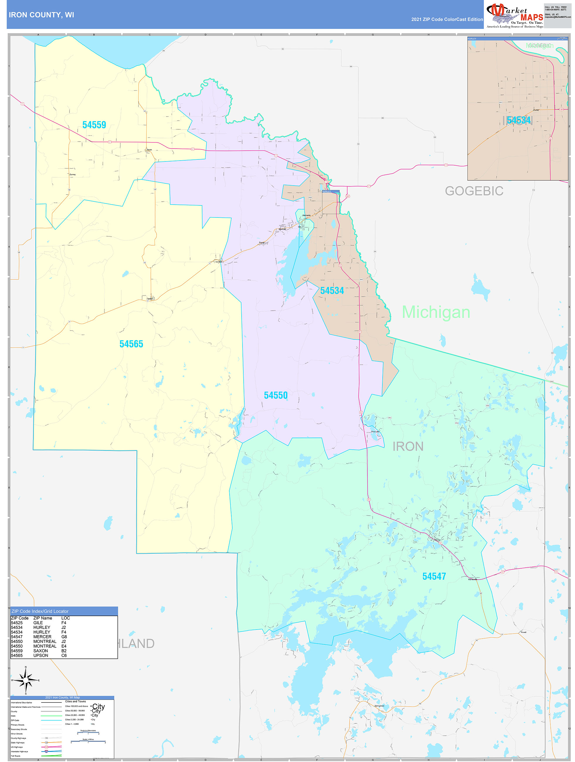 Iron County Wi Wall Map Color Cast Style By Marketmaps 4672