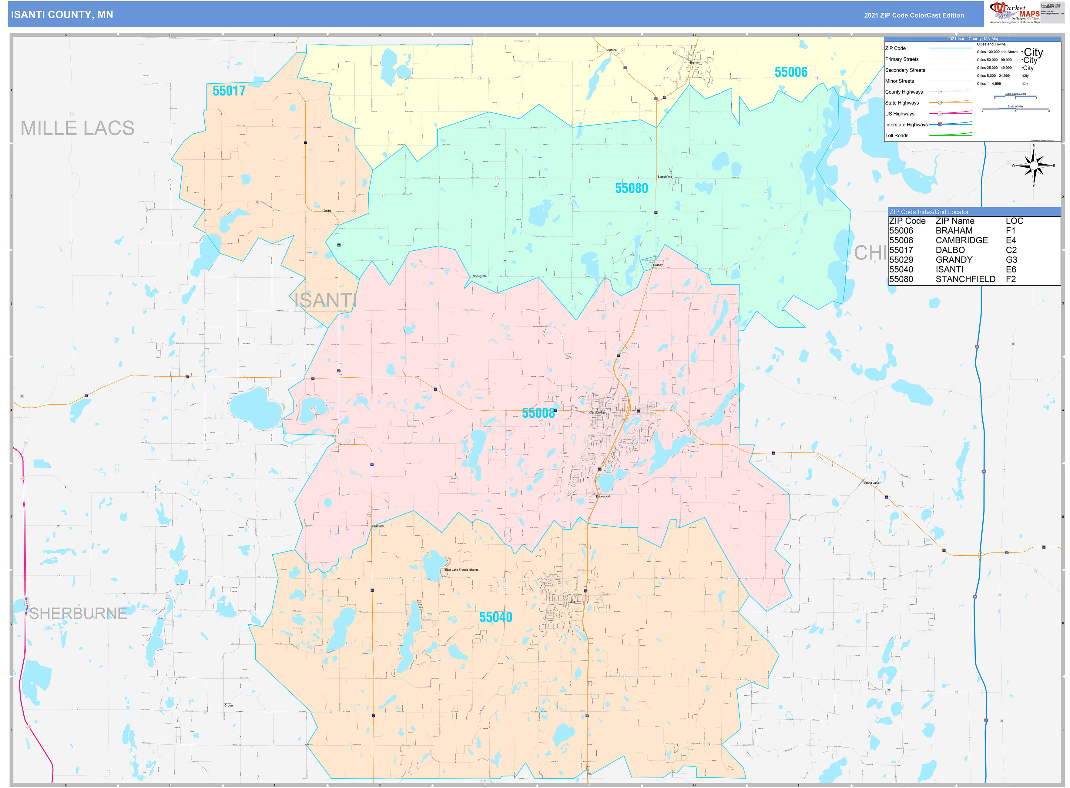 Isanti County, MN Wall Map Color Cast Style by MarketMAPS - MapSales.com