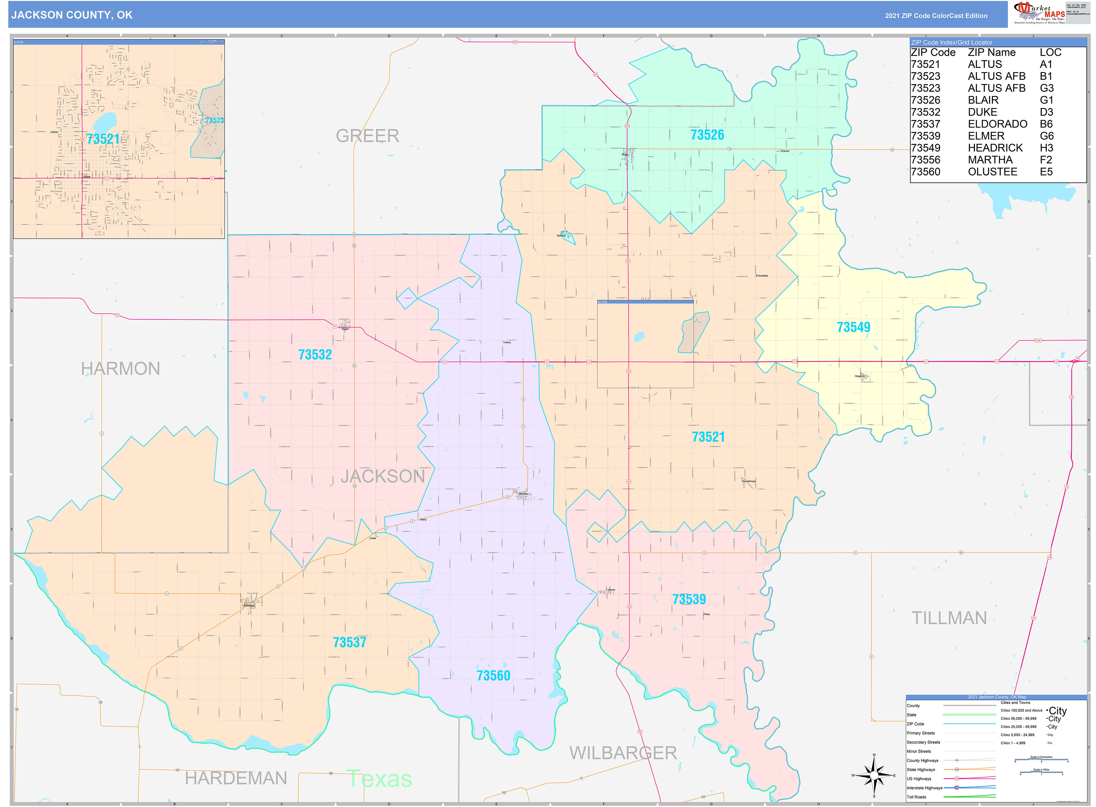 Jackson County, OK Wall Map Color Cast Style by MarketMAPS - MapSales.com