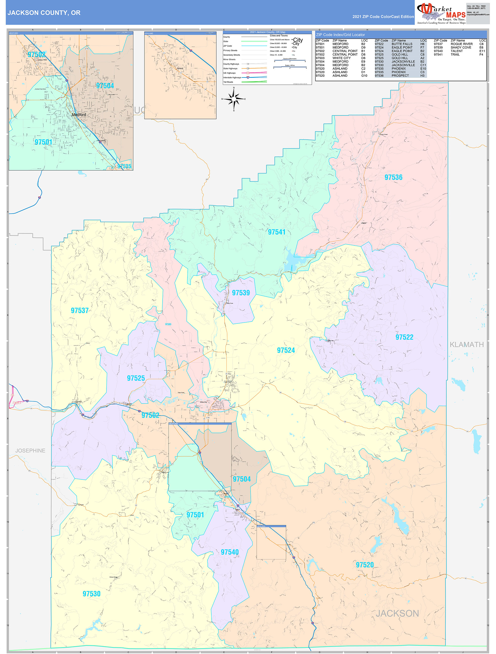 Jackson County, OR Wall Map Color Cast Style by MarketMAPS