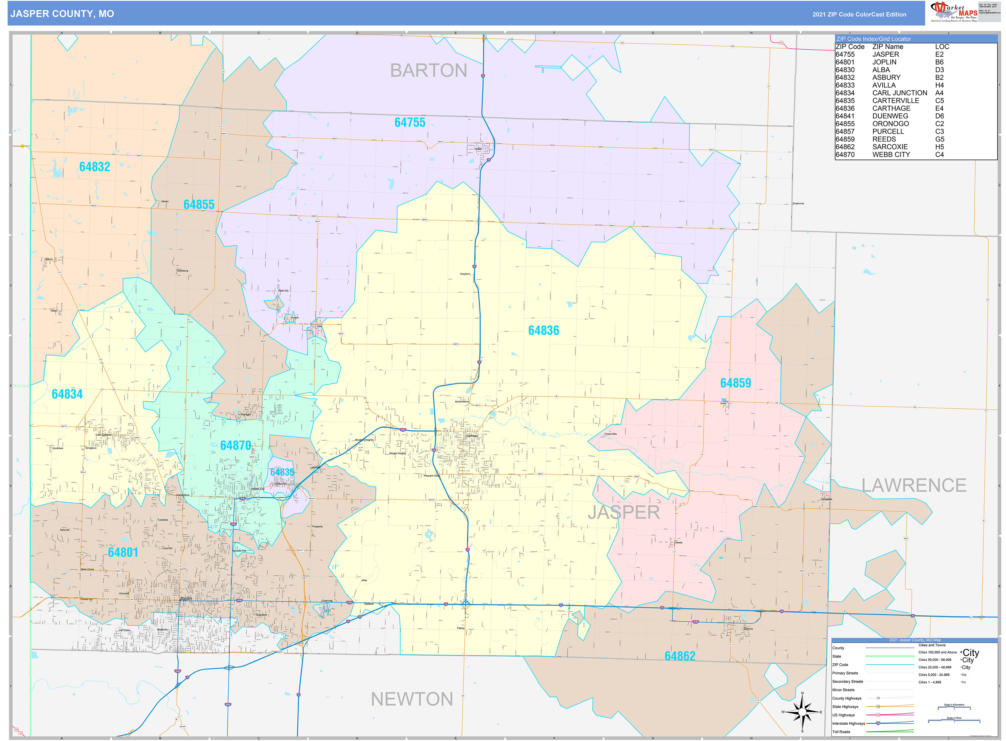 Jasper County, MO Wall Map Color Cast Style by MarketMAPS MapSales