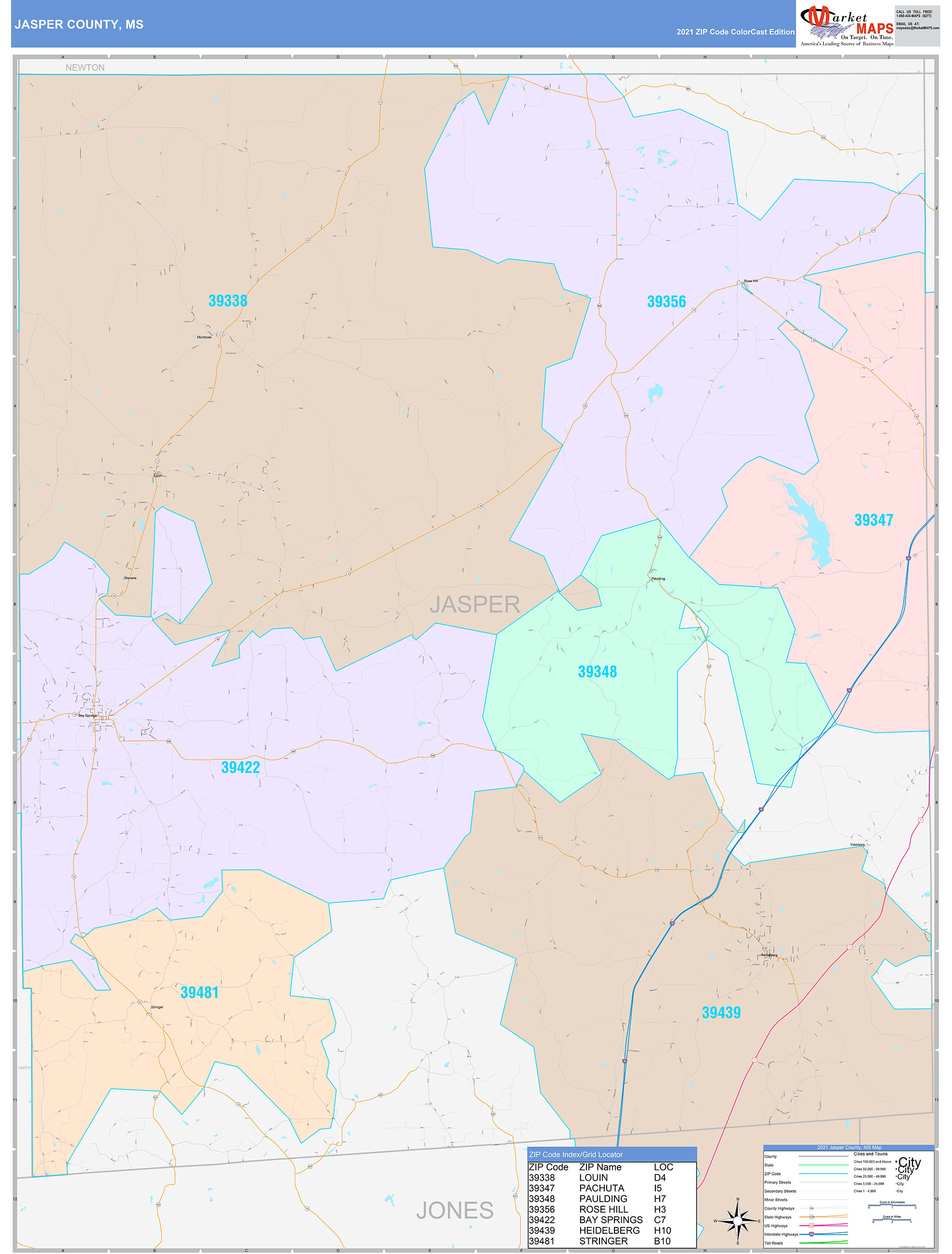 Jasper County, MS Wall Map Color Cast Style by MarketMAPS