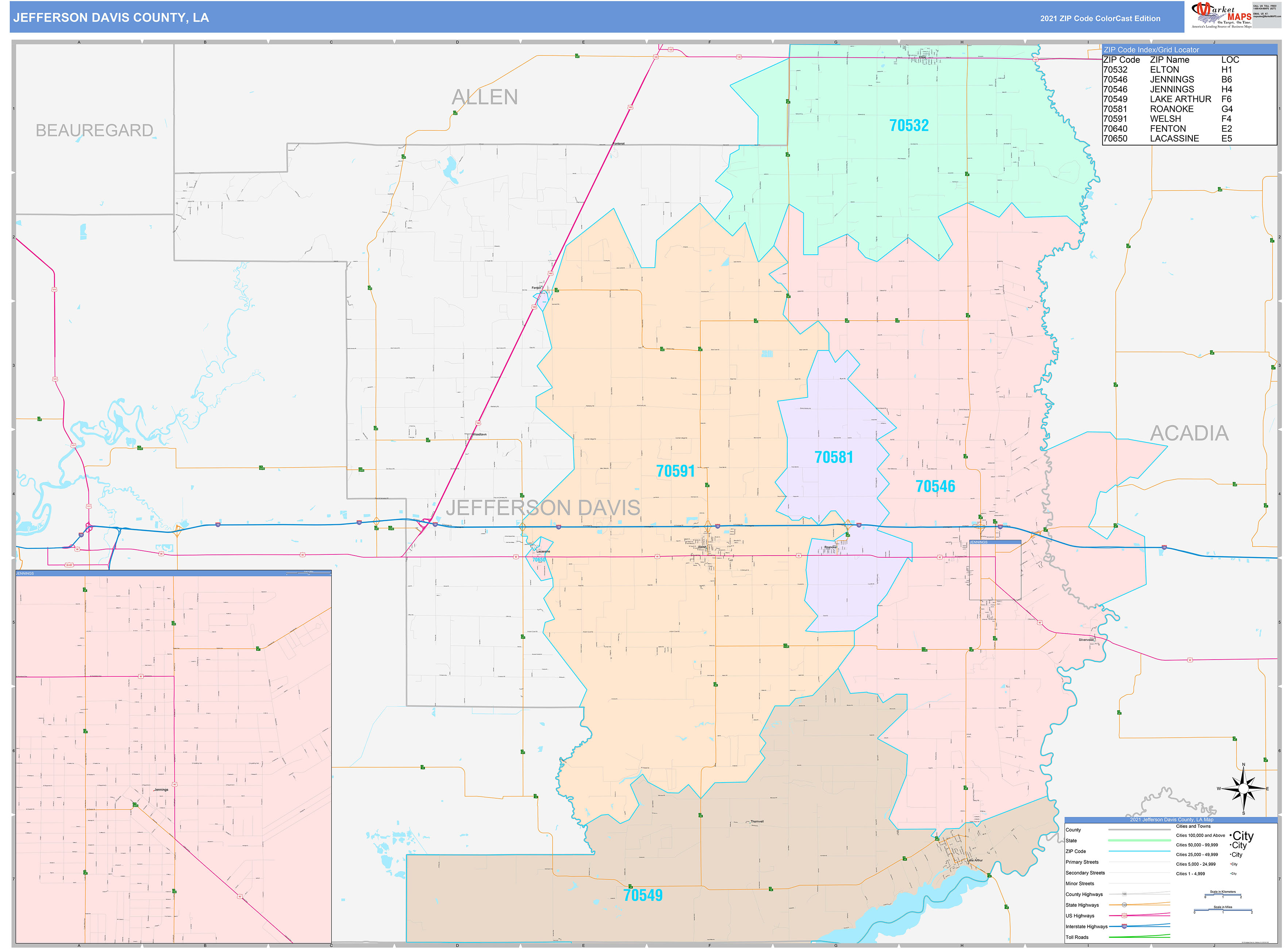 Jefferson Davis County, LA Wall Map Color Cast Style by MarketMAPS