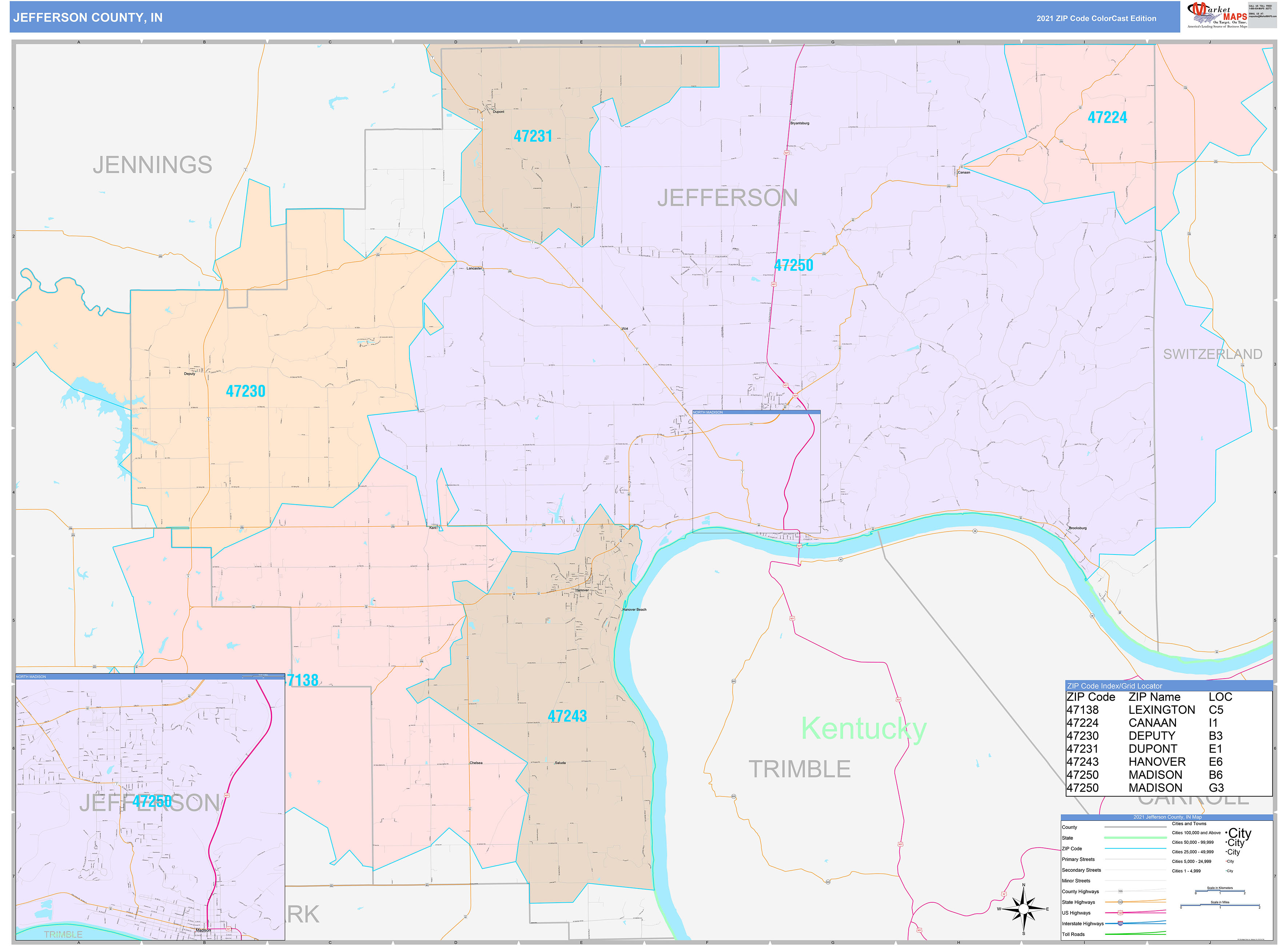 Jefferson County, IN Wall Map Color Cast Style by MarketMAPS