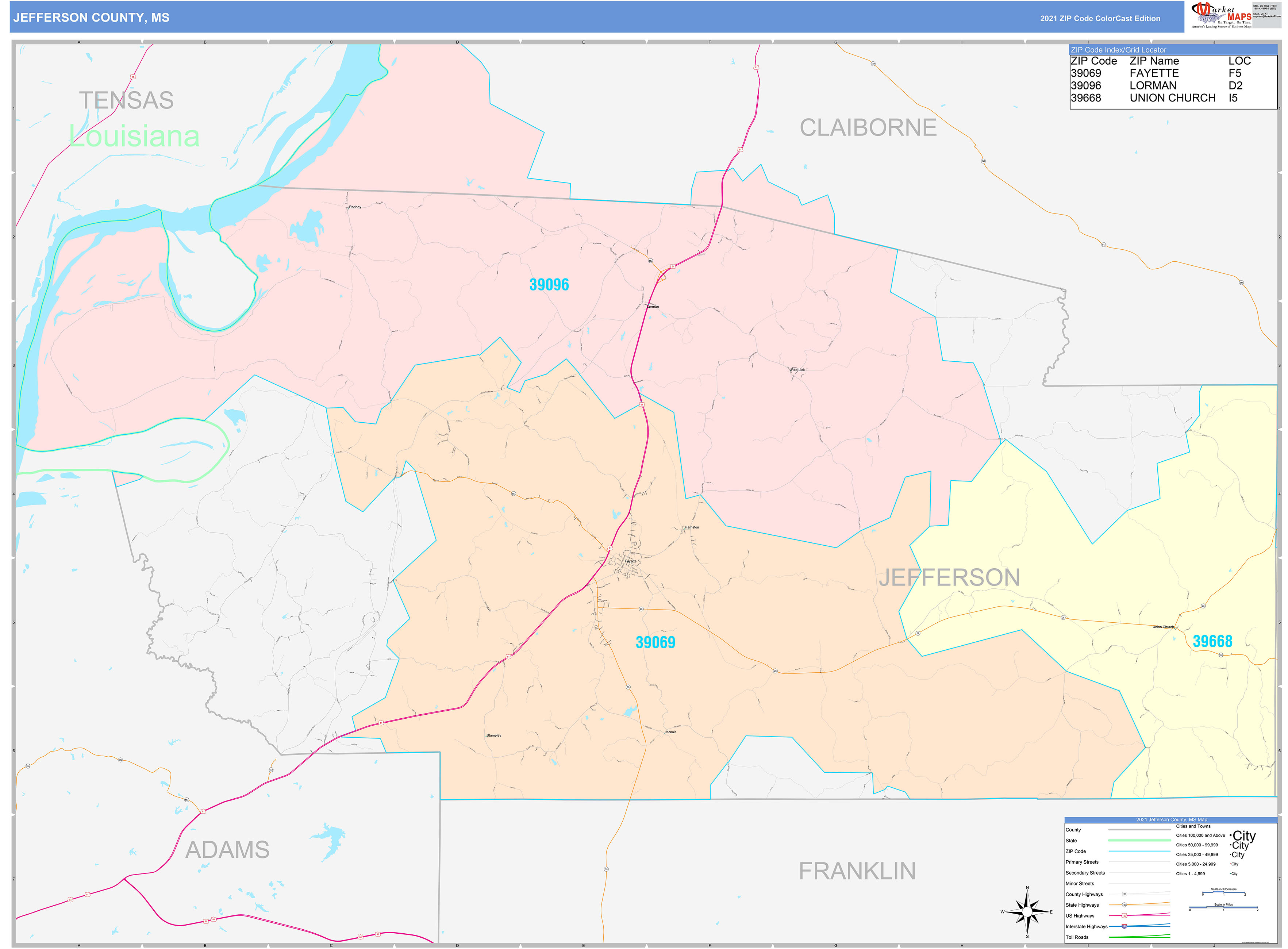 Jefferson County, MS Wall Map Color Cast Style By MarketMAPS - MapSales.com