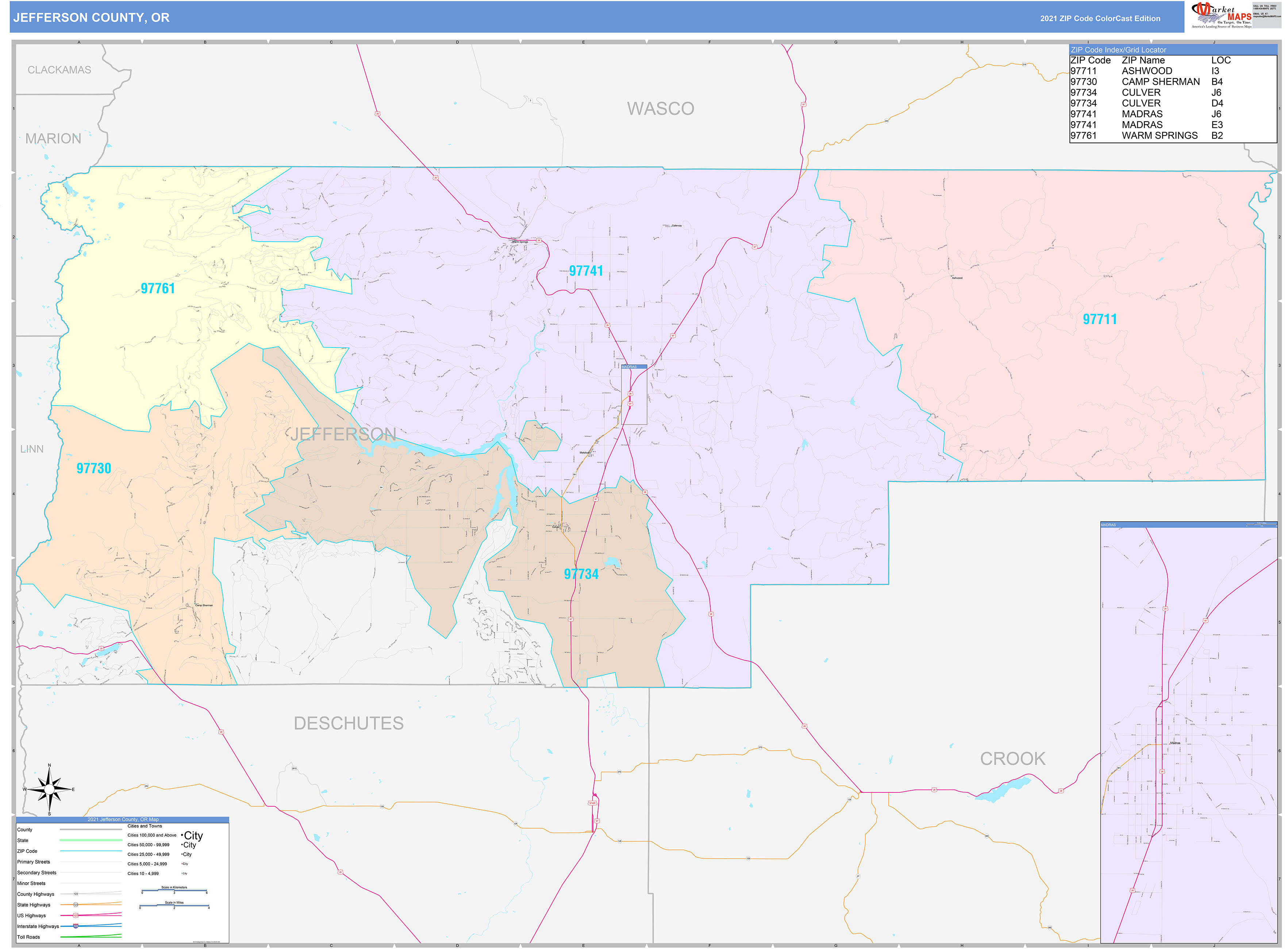 Jefferson County, OR Wall Map Color Cast Style by MarketMAPS - MapSales.com