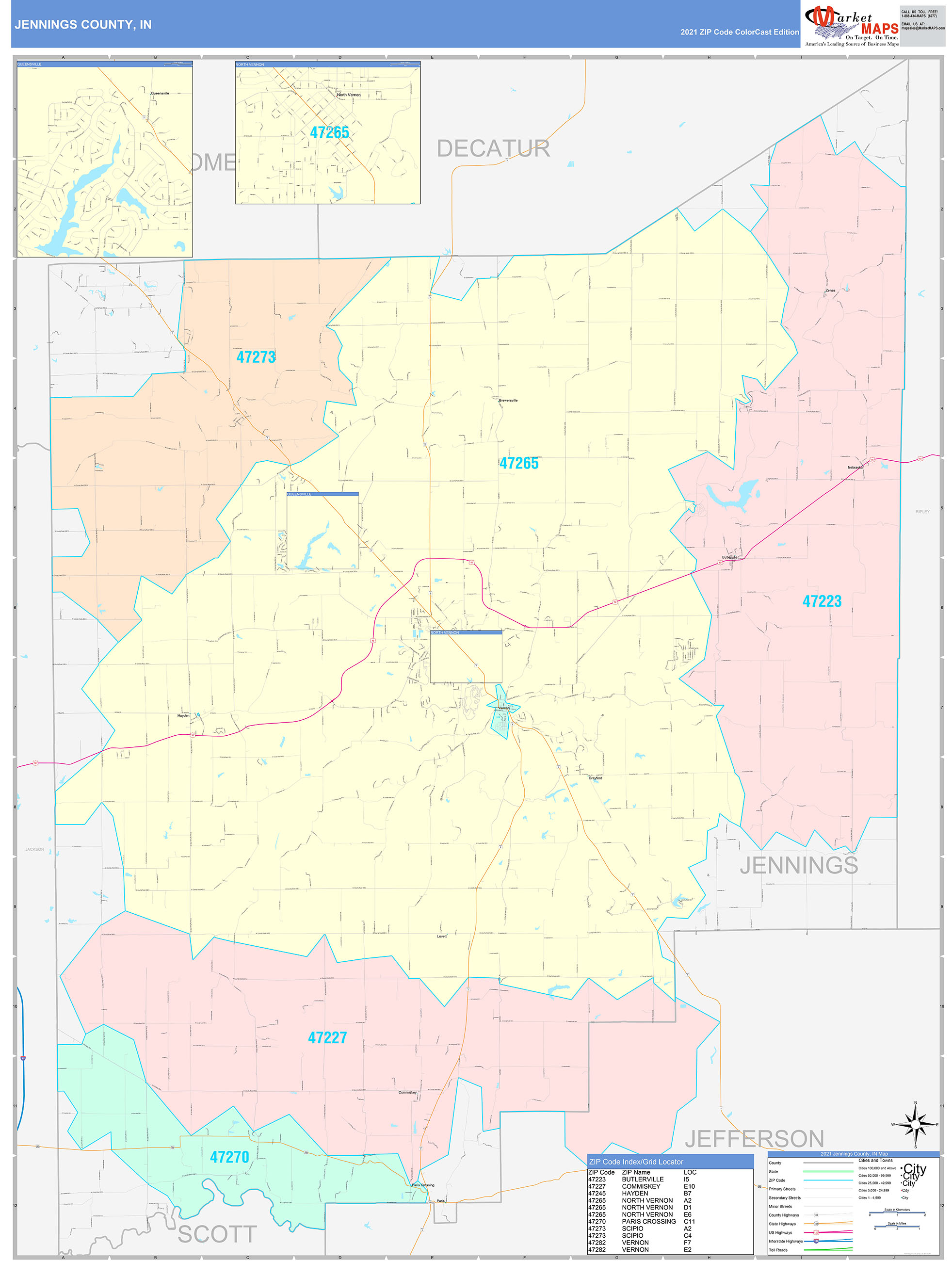 Jennings County, In Wall Map Color Cast Style By Marketmaps - Mapsales