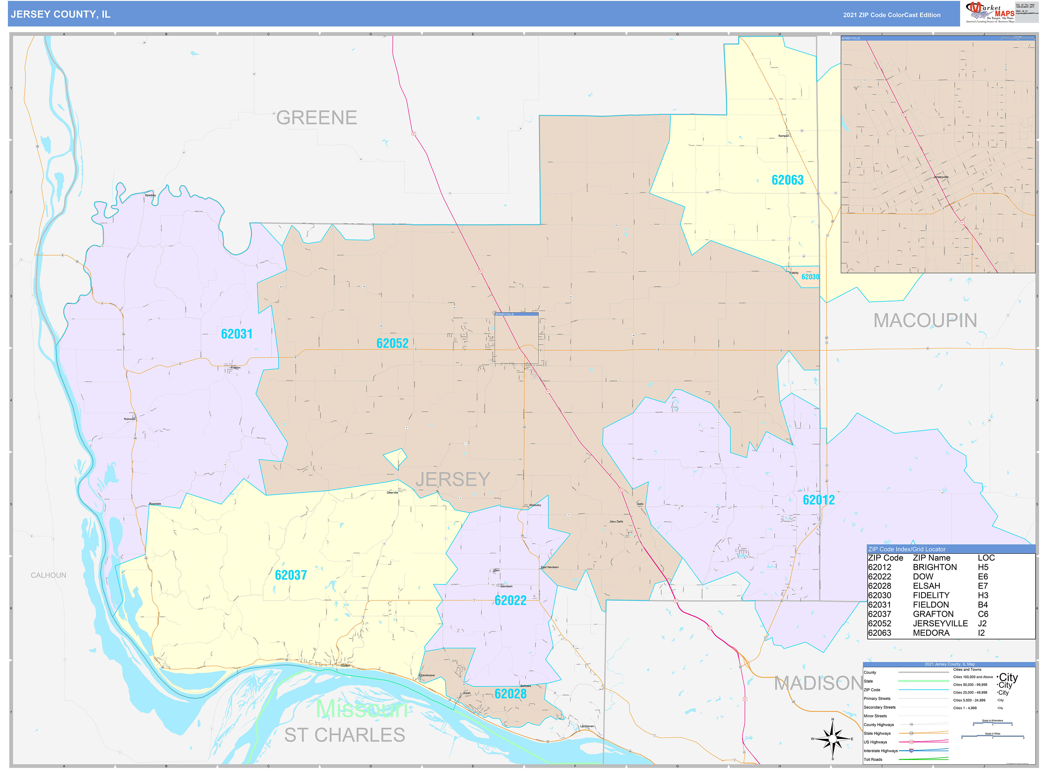 Jersey County, IL Wall Map Color Cast Style by MarketMAPS