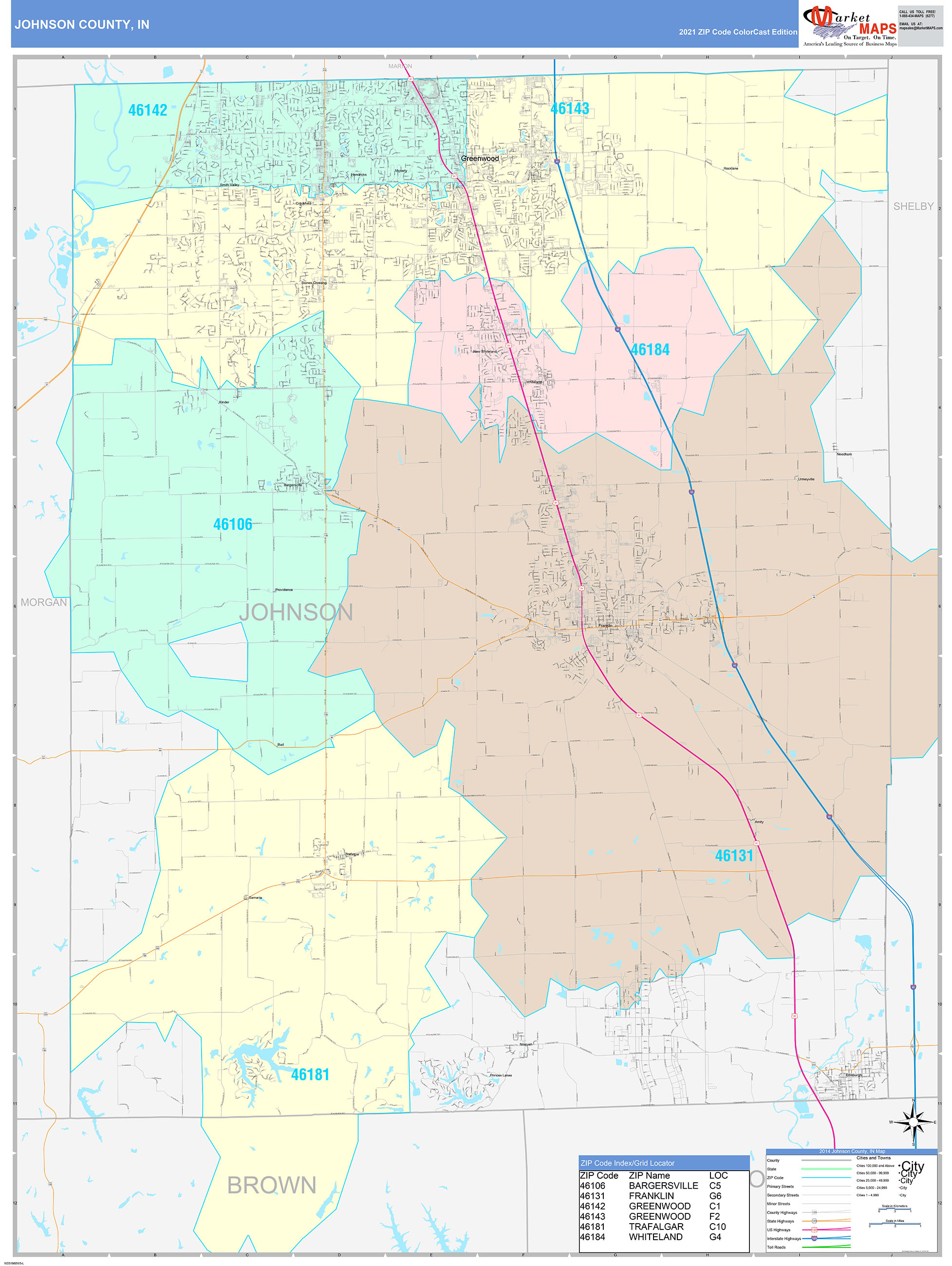 Johnson County, IN Wall Map Color Cast Style by MarketMAPS - MapSales