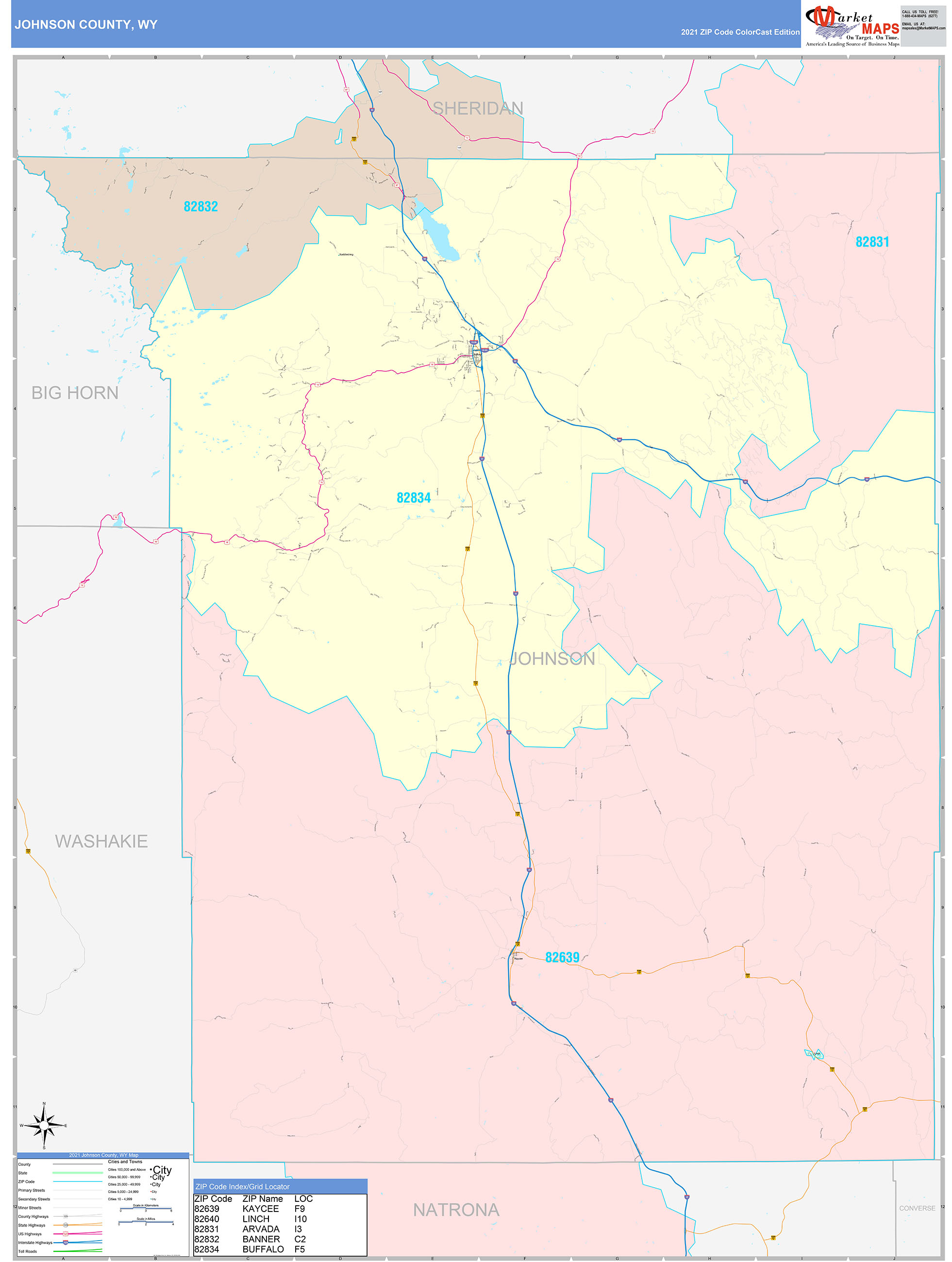 Johnson County, WY Wall Map Color Cast Style by MarketMAPS - MapSales