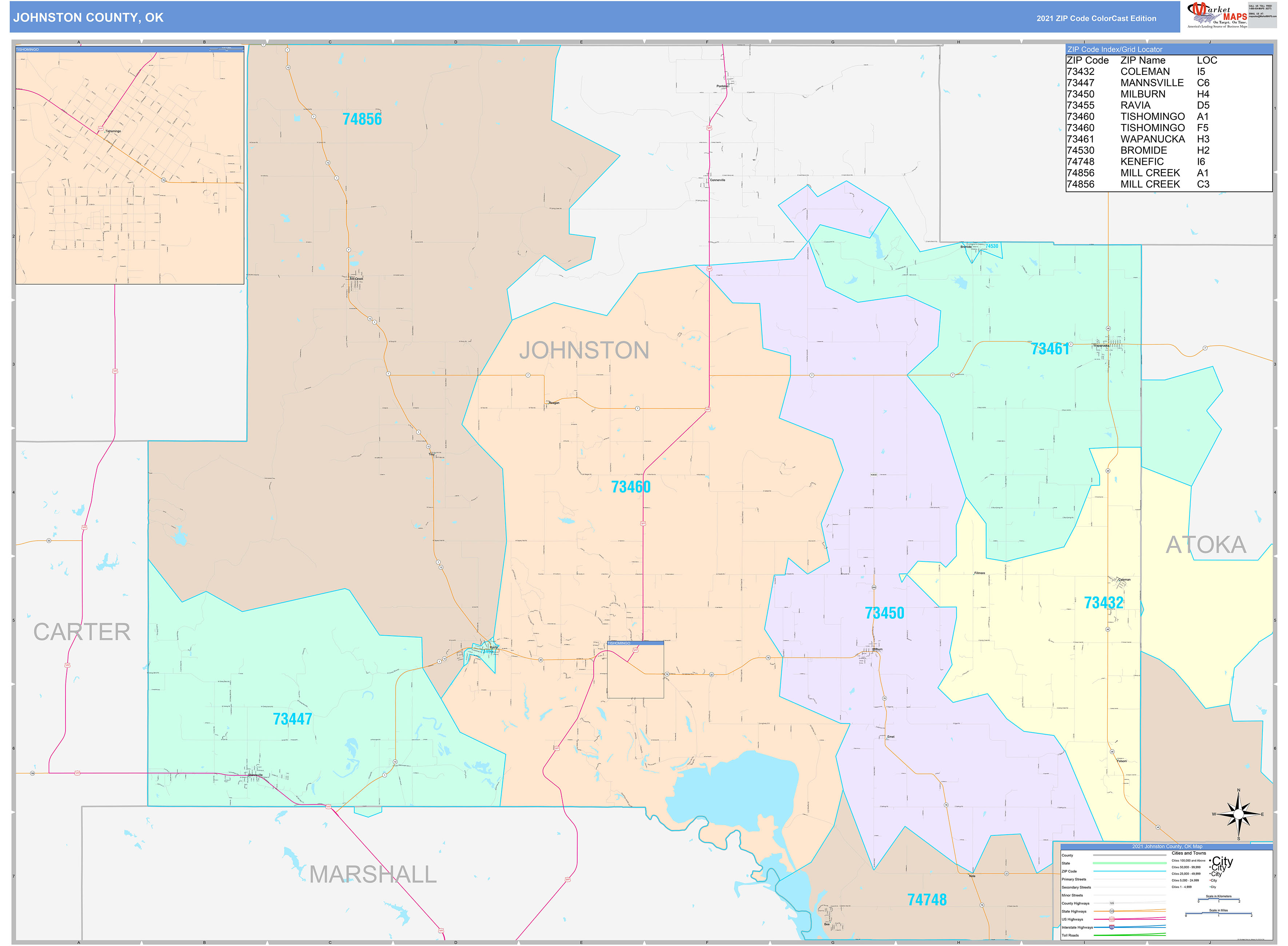 Johnston County, OK Wall Map Color Cast Style by MarketMAPS