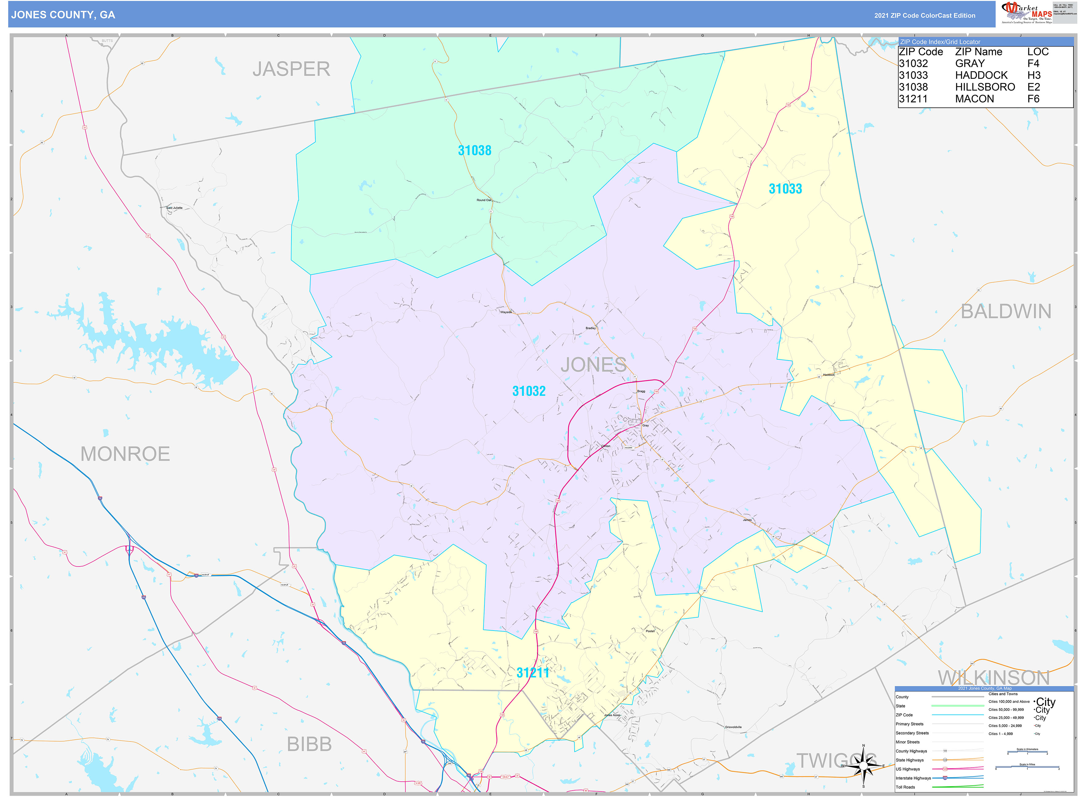 Jones County GA Wall Map Color Cast Style By MarketMAPS MapSales